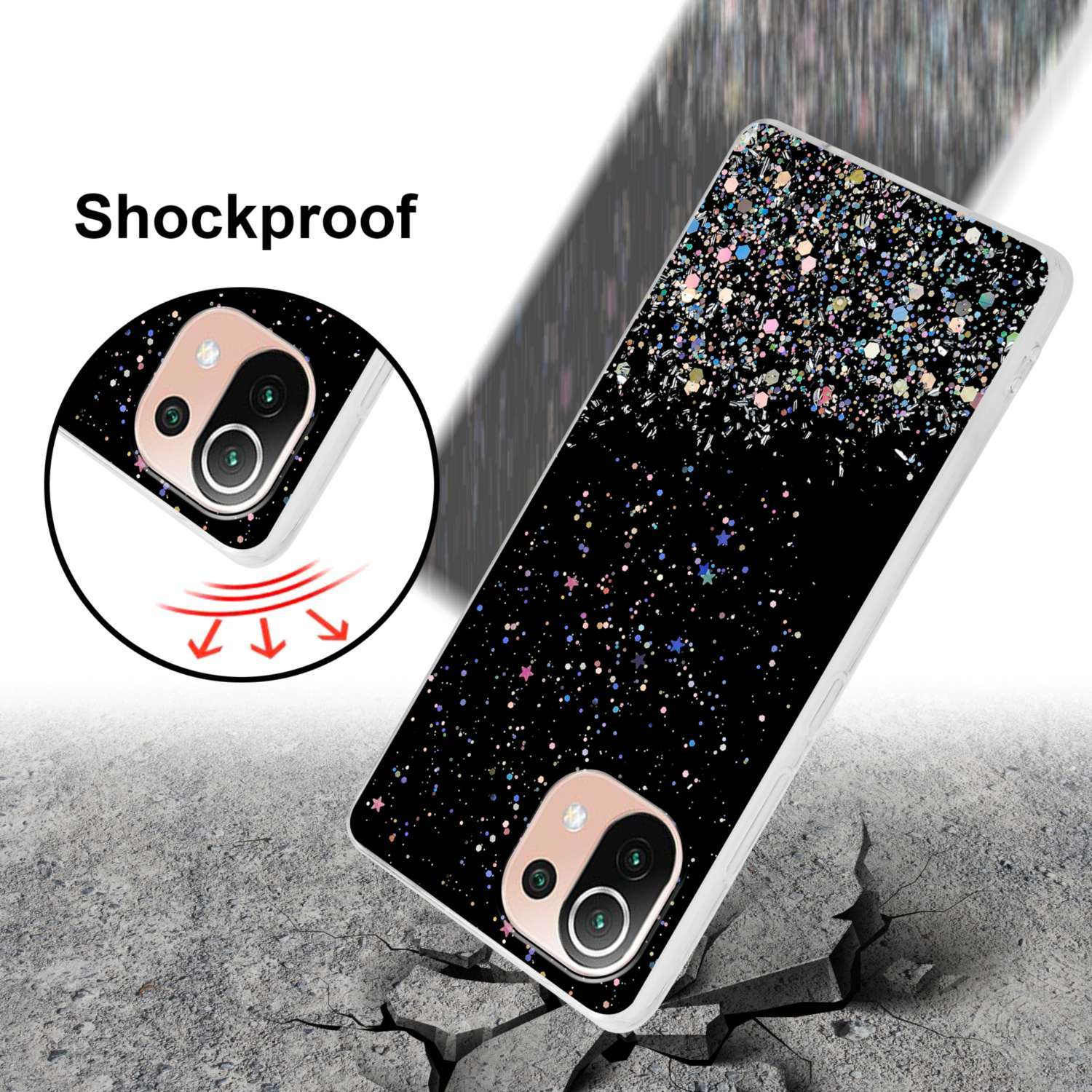Schwarze Handyhülle mit Glitzerdesign. Sie fällt auf zerbrochenen Beton.