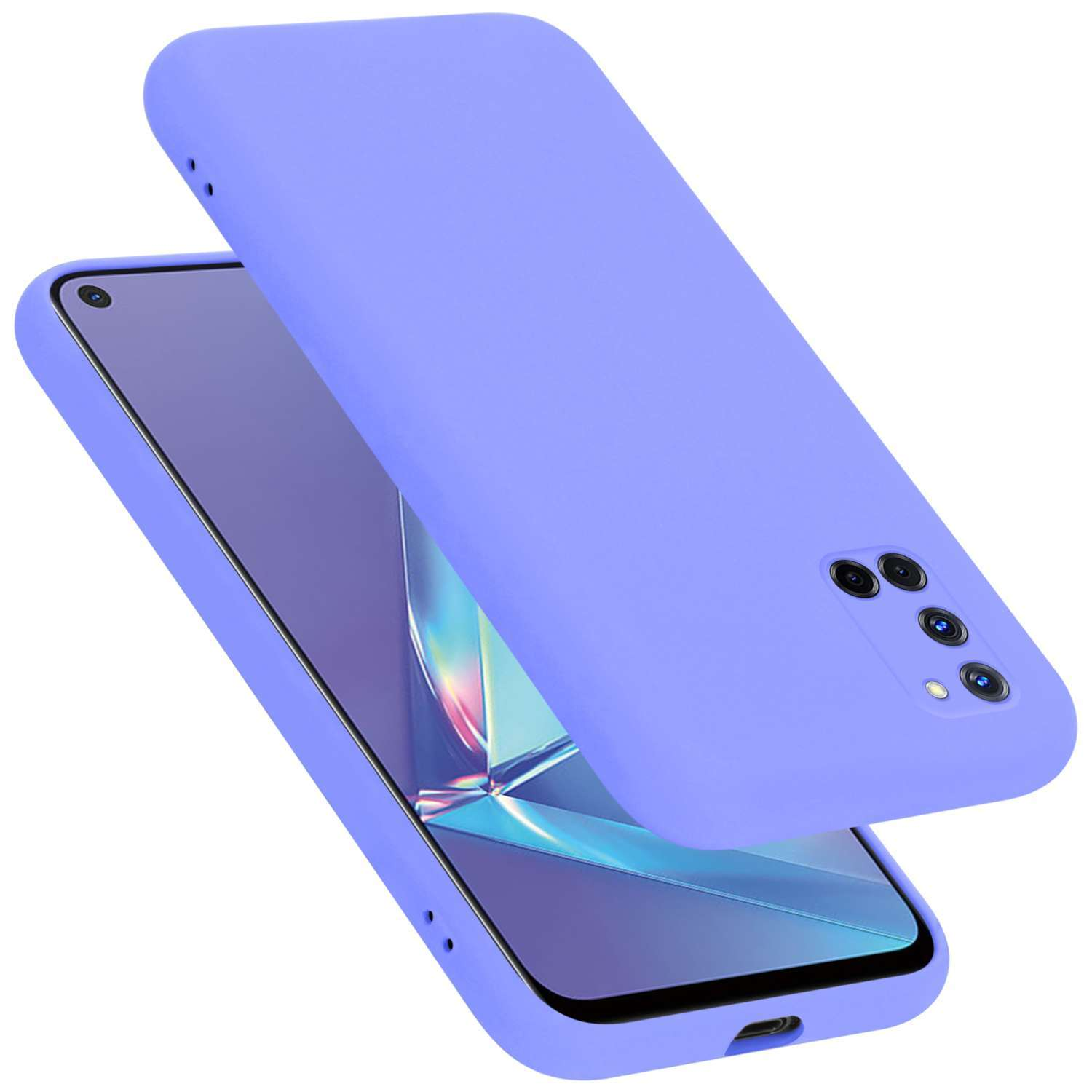 Lila Handyhülle mit Telefon darin, aus einem Winkel, vor weißem Hintergrund.