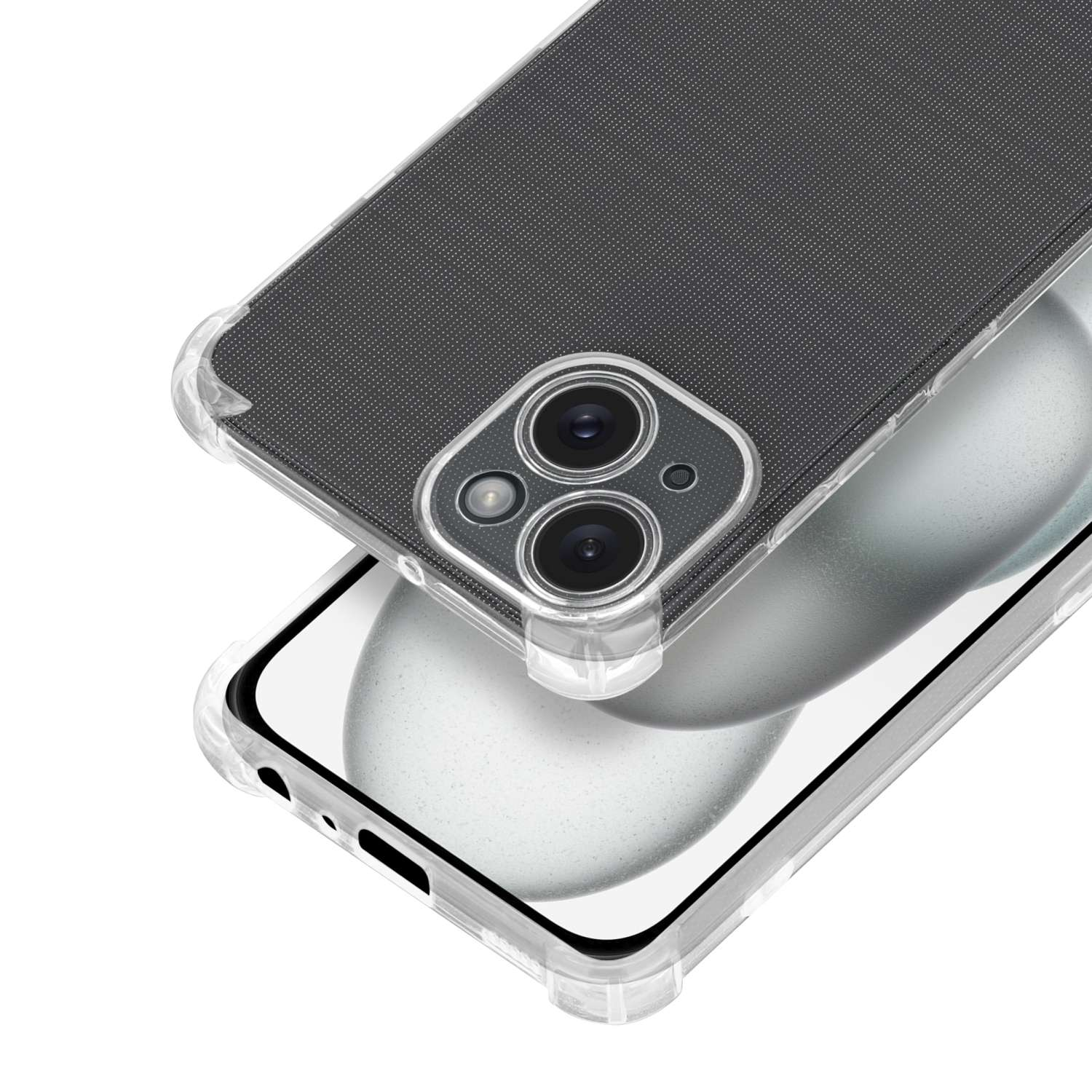 Telefono con custodia trasparente. La custodia protegge le lenti della fotocamera e il corpo del telefono.
