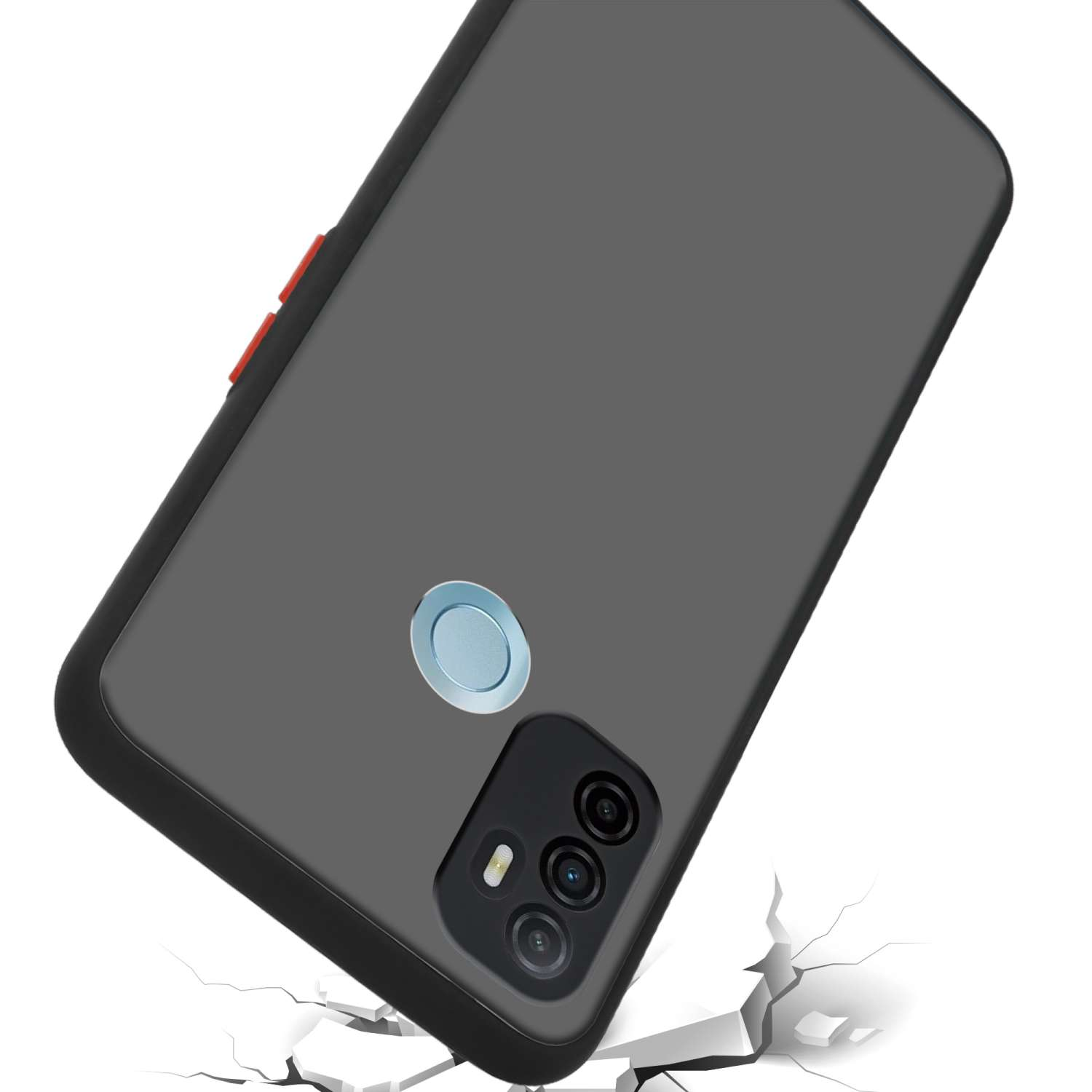Una custodia nera per telefono con un accento rosso, che mostra la fotocamera del telefono e un effetto crepa su una superficie bianca.