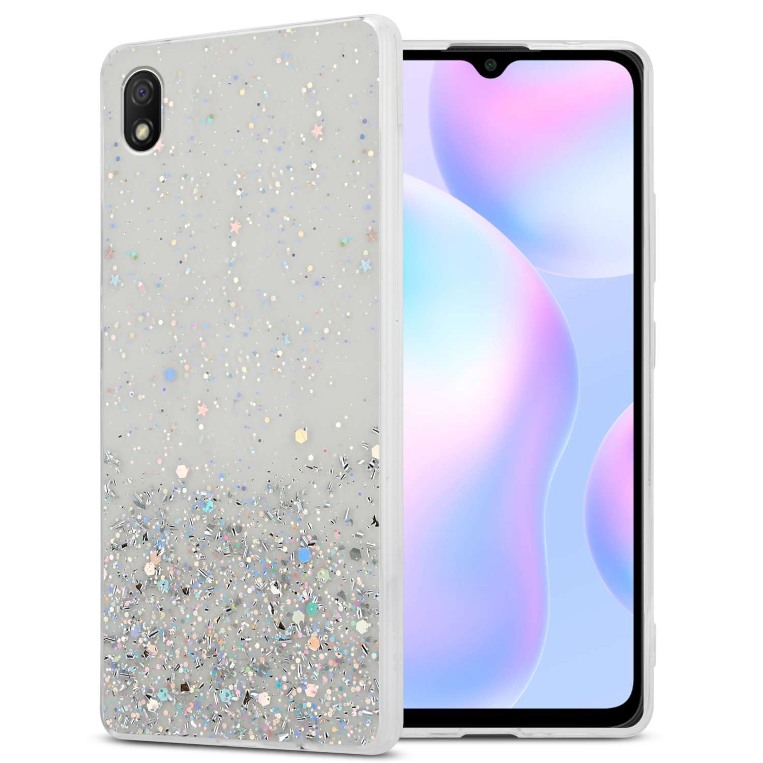 Custodia per telefono glitterata argento con telefono e schermo luminoso.