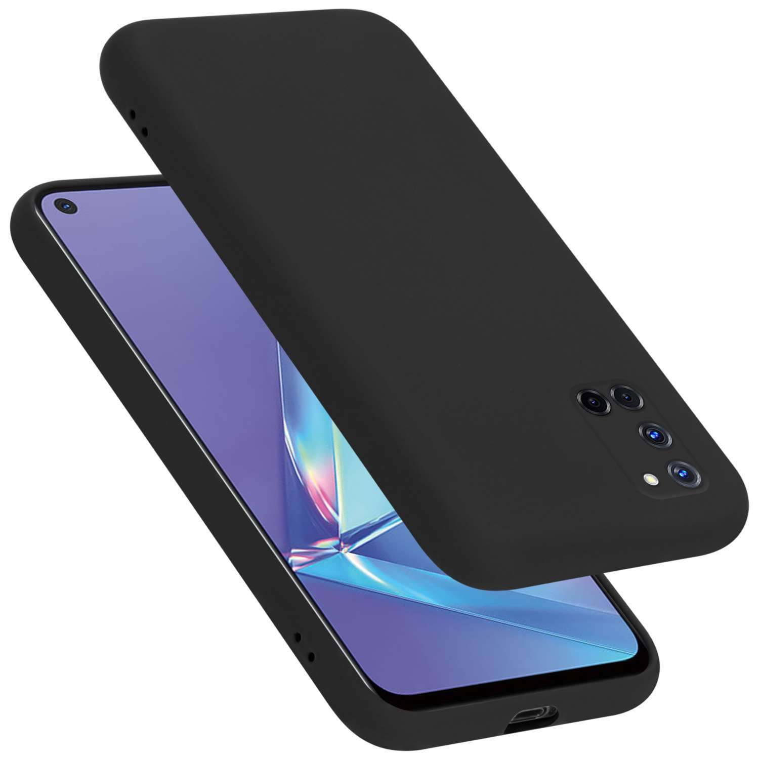Schwarze Handyhülle und Telefon. Die Hülle ist leicht über dem Bildschirm angehoben.