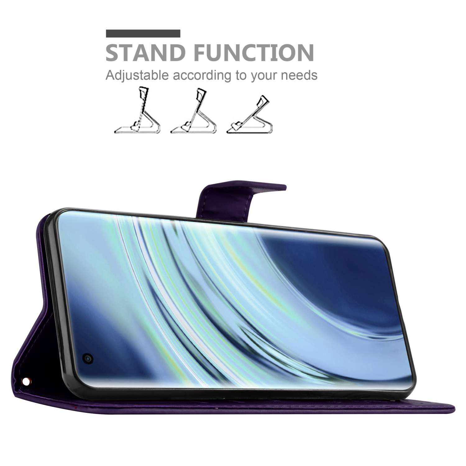Una custodia per telefono viola aperta, con un telefono che mostra uno schermo, che mostra la funzione stand.