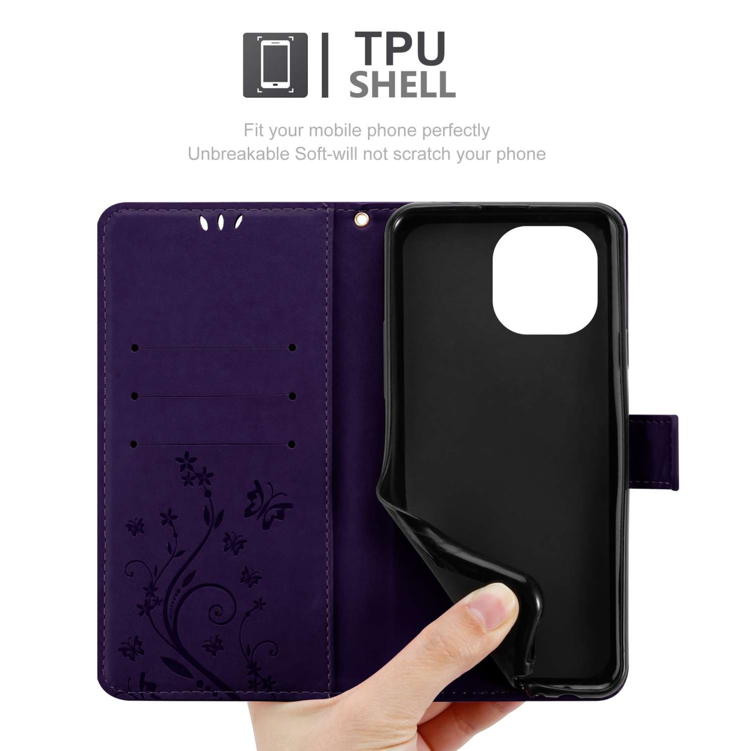 Custodia per telefono viola aperta, che mostra un telefono. Il design ha motivi floreali e farfalle.