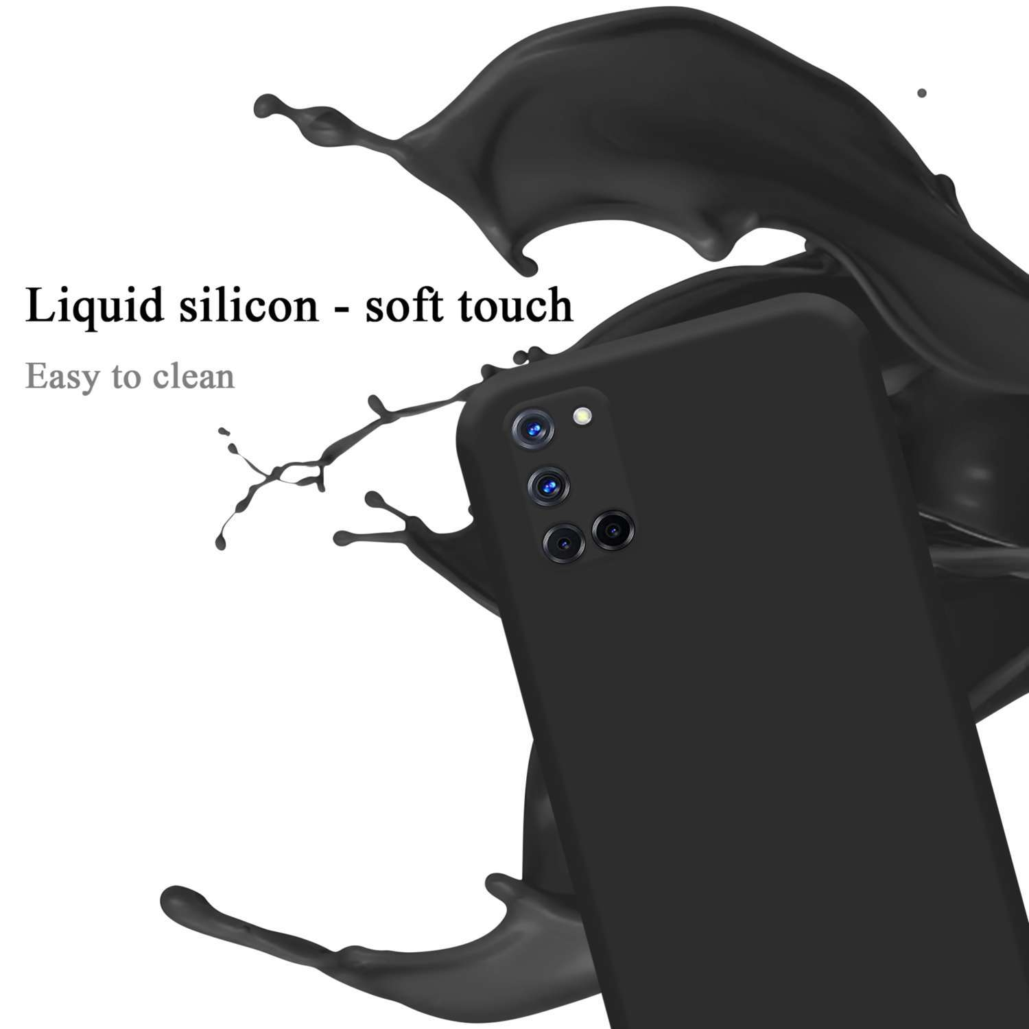 Schwarze Handyhülle mit schwarzem Flüssigkeitsspritzer. Die Kamera des Telefons ist sichtbar.