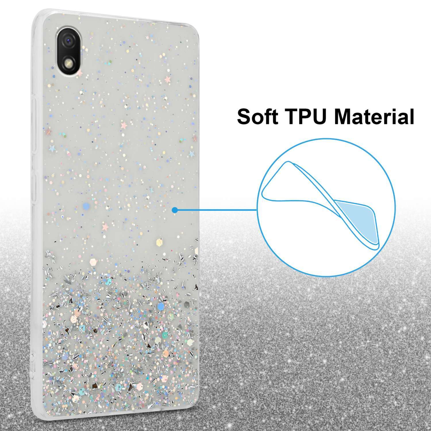 Una custodia per telefono con un design glitter argento e le parole 'Soft TPU Material'.