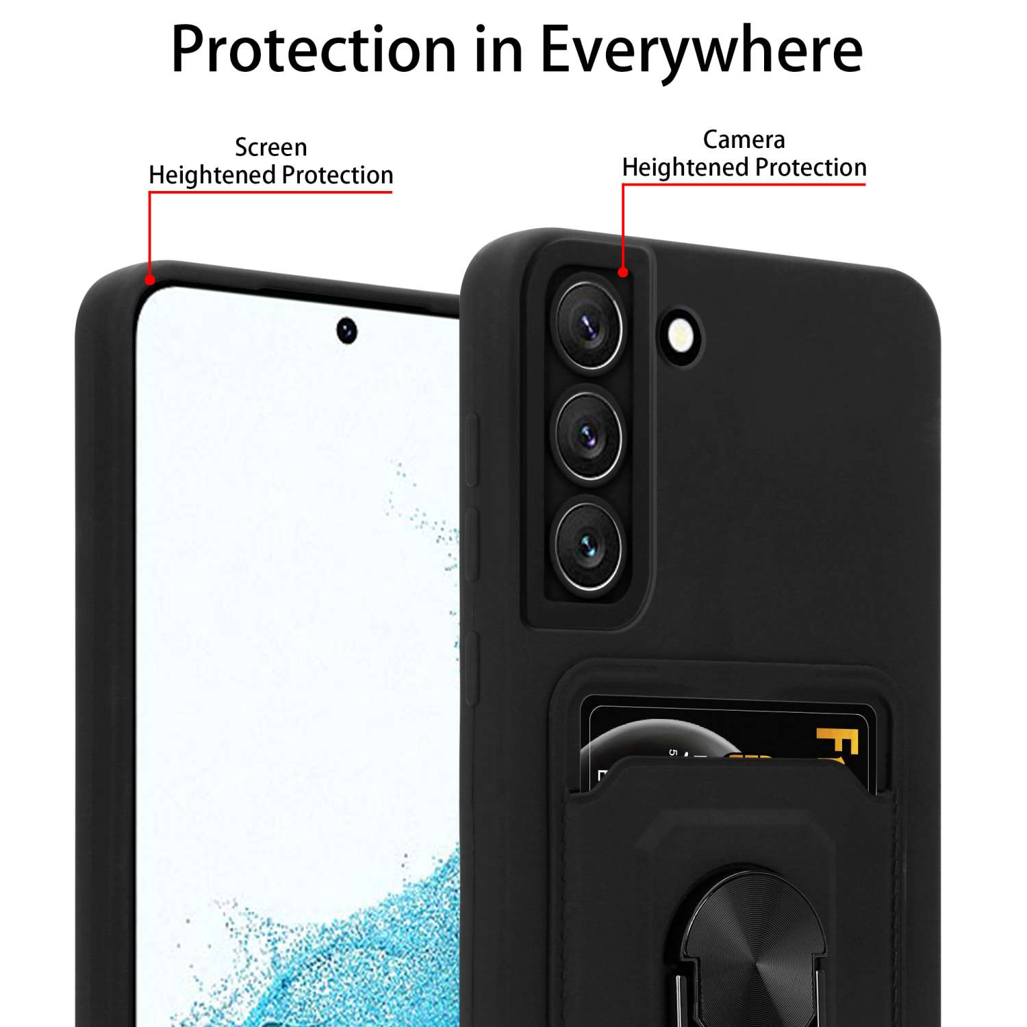 Coque de téléphone noire avec porte-cartes et anneau. La coque protège l'appareil photo.