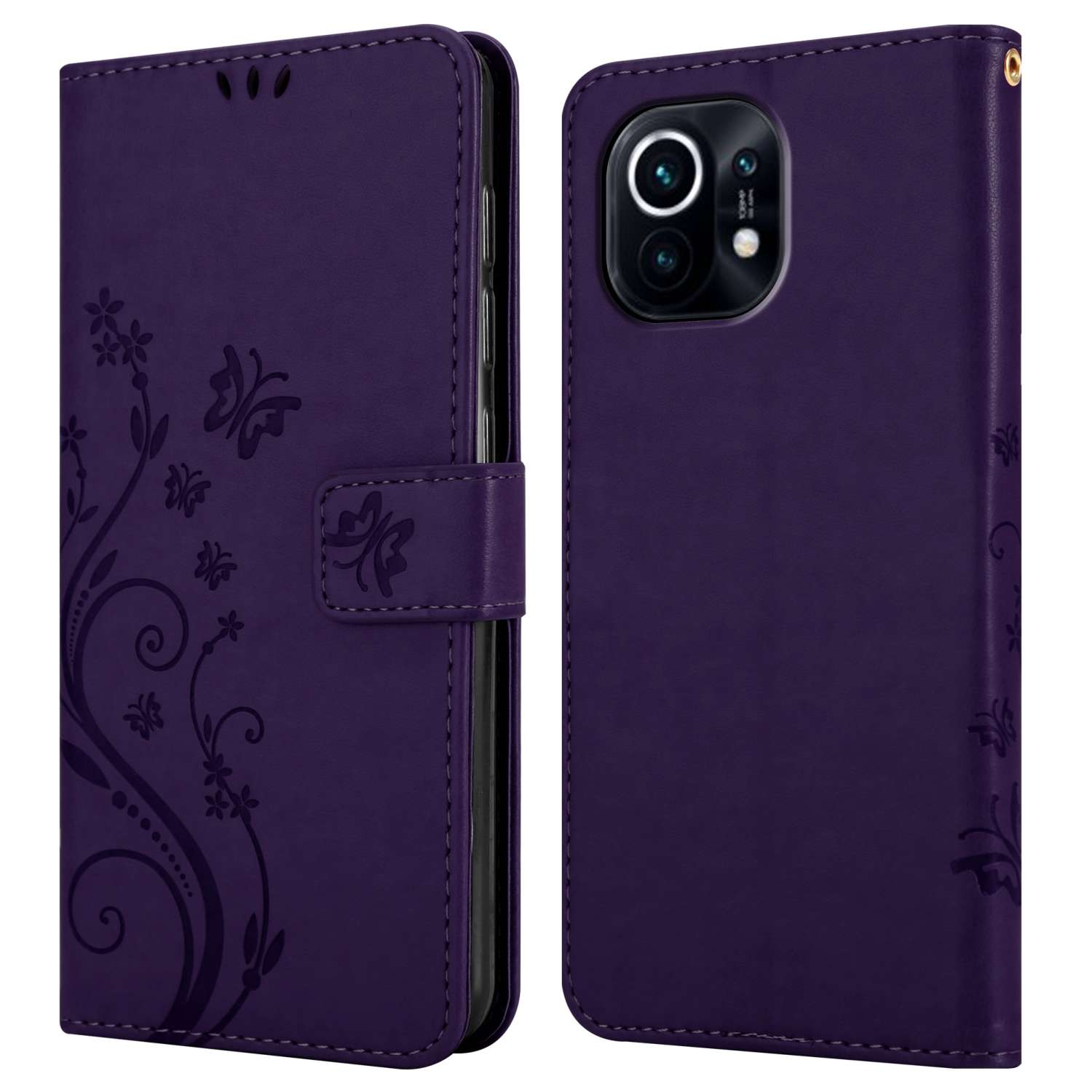 Una custodia per telefono viola con un design floreale e una chiusura magnetica, aperta per mostrare il telefono.
