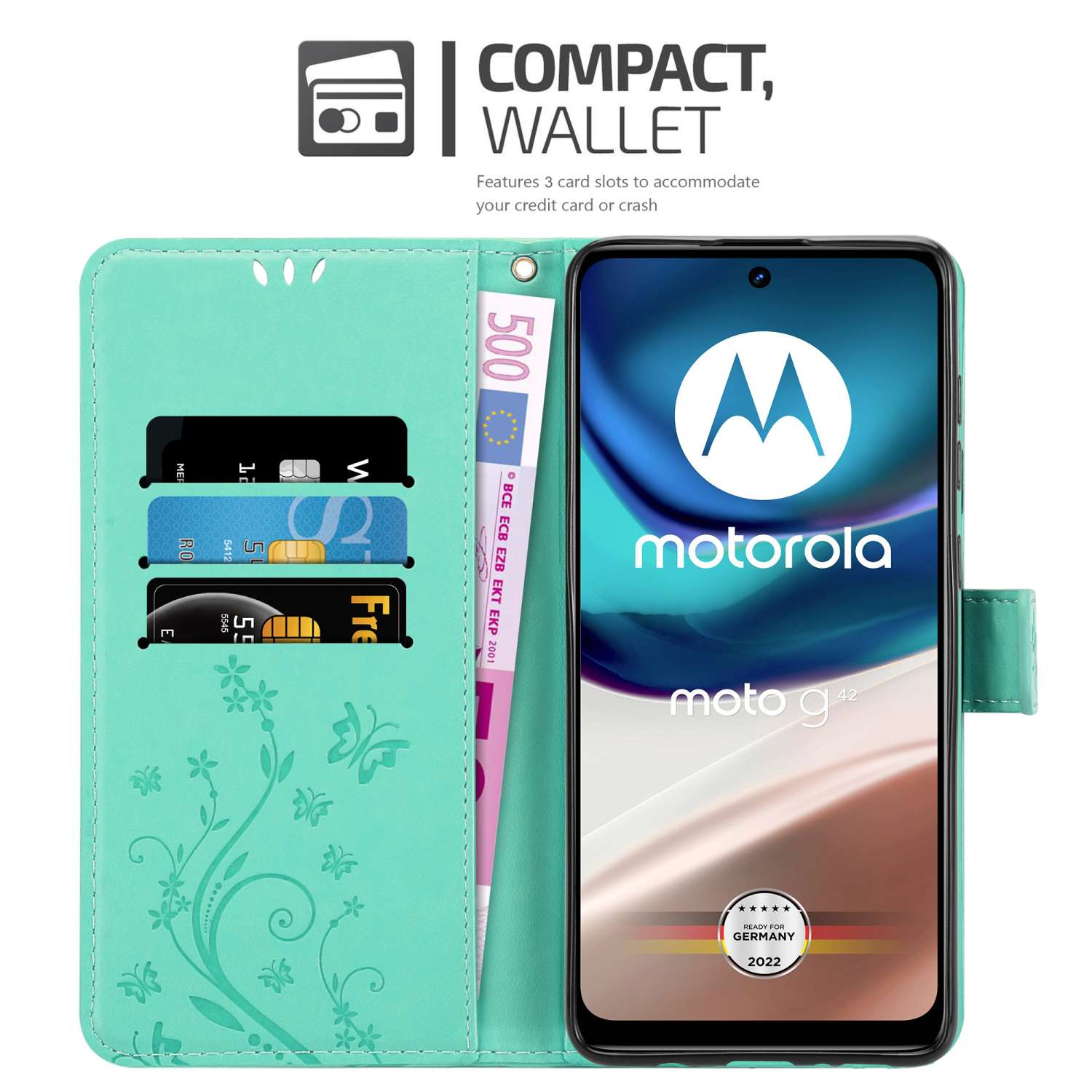 Custodia a portafoglio per telefono color turchese aperta, che mostra telefono e carte. Design floreale, soldi nella fessura.