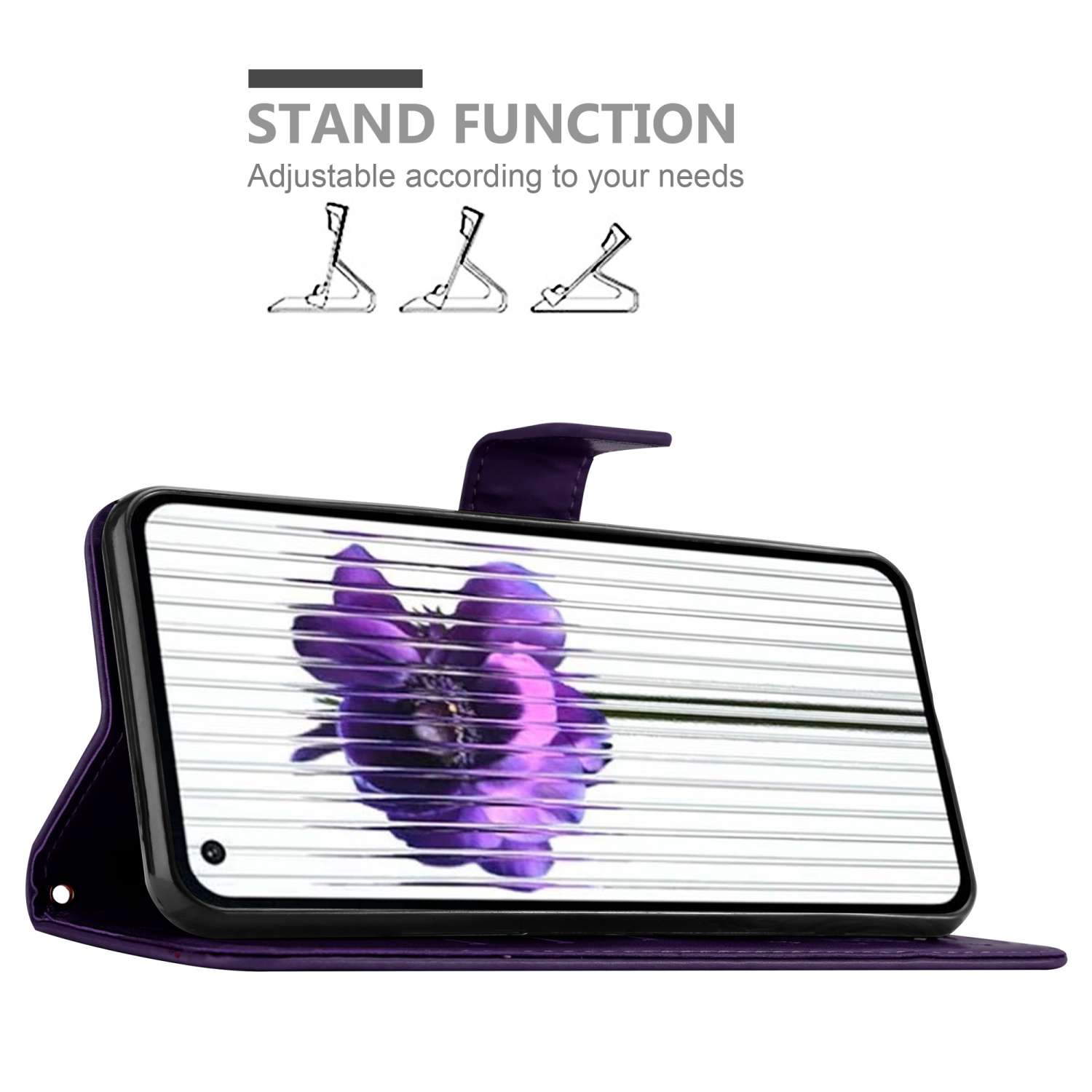 Custodia per telefono viola con funzione supporto. Lo schermo del telefono mostra un fiore viola. Supporto regolabile.