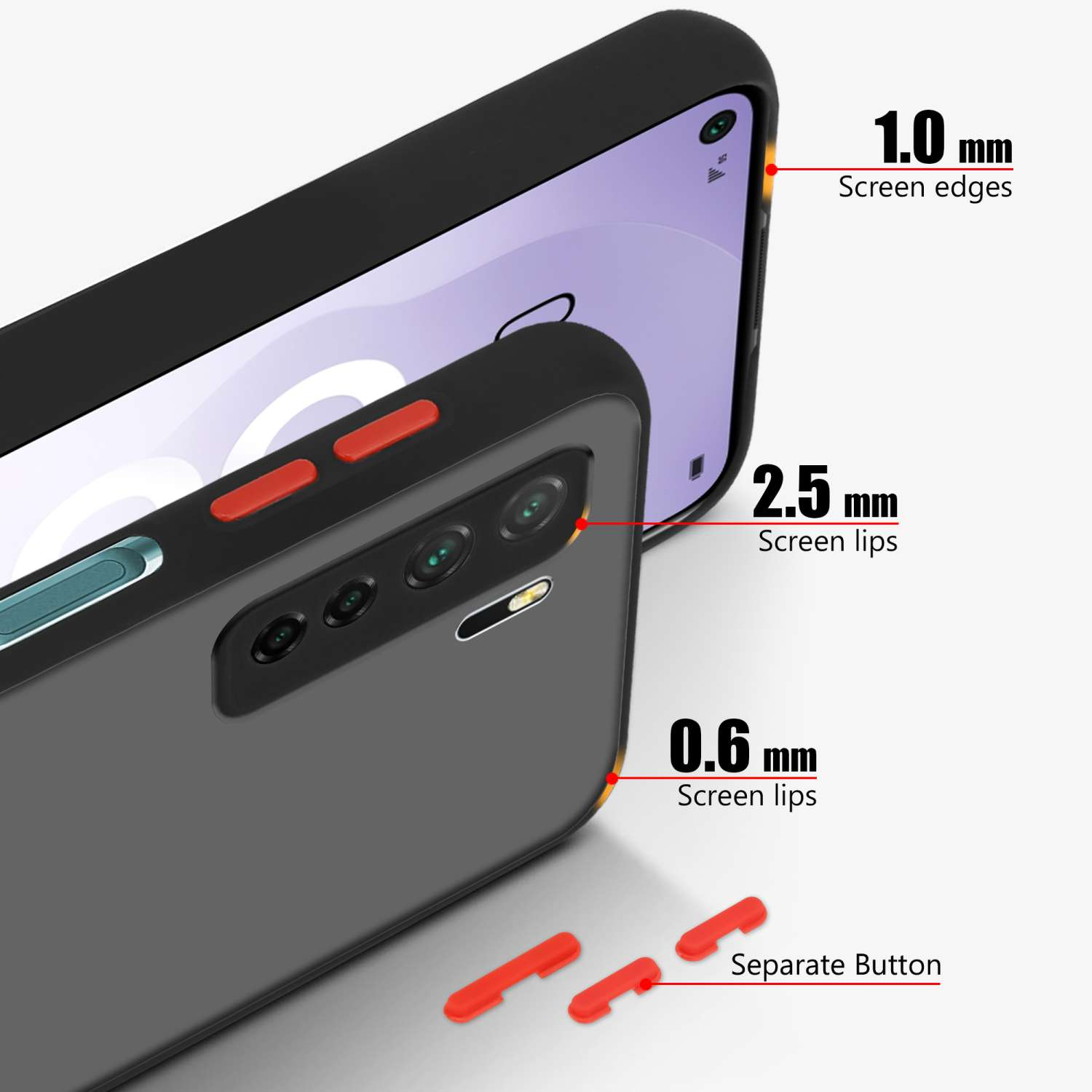 Schwarze Handyhülle mit Rückkamera und Knöpfen. Nahe bei einem Telefon mit roten Knöpfen.