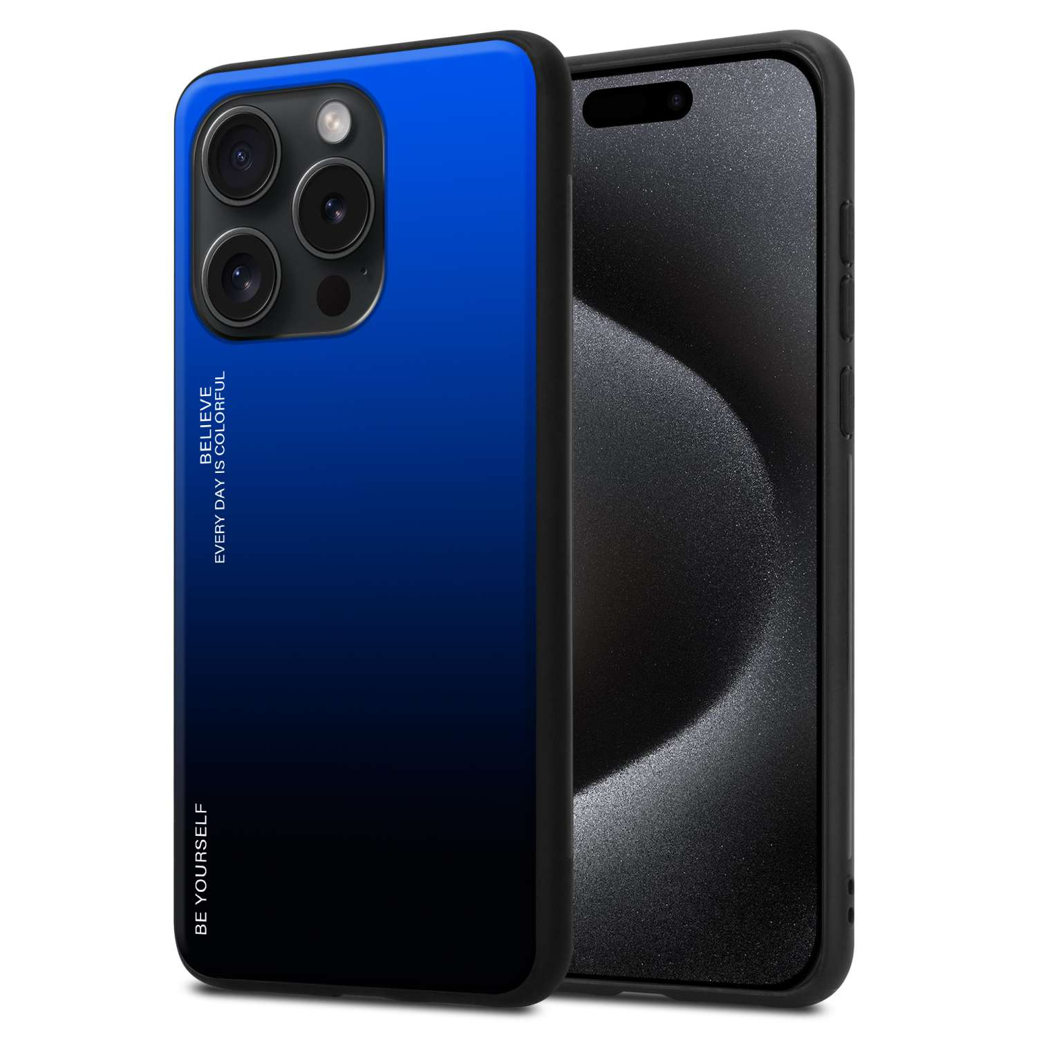 Eine Handyhülle mit blauem bis schwarzen Farbverlauf, mit einem Telefon darin, vor weißem Hintergrund.