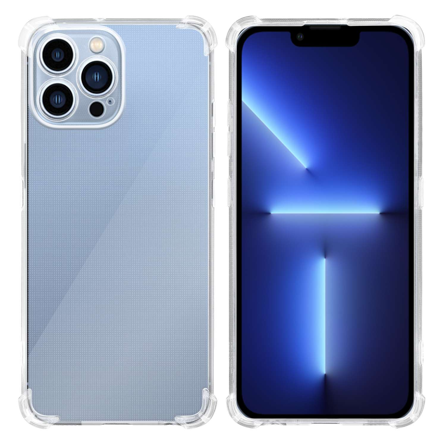 Zwei Handyhüllen, eine durchsichtige und eine mit einem Telefonbildschirm auf weißem Hintergrund.