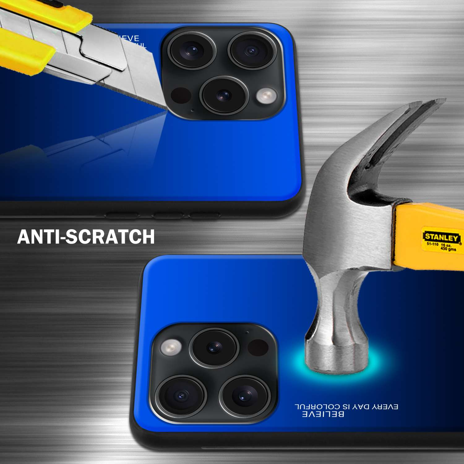 Eine Handyhülle mit blauem Telefon, das mit einem Messer geschnitten wird, mit dem Text 'Anti-Kratzer'.