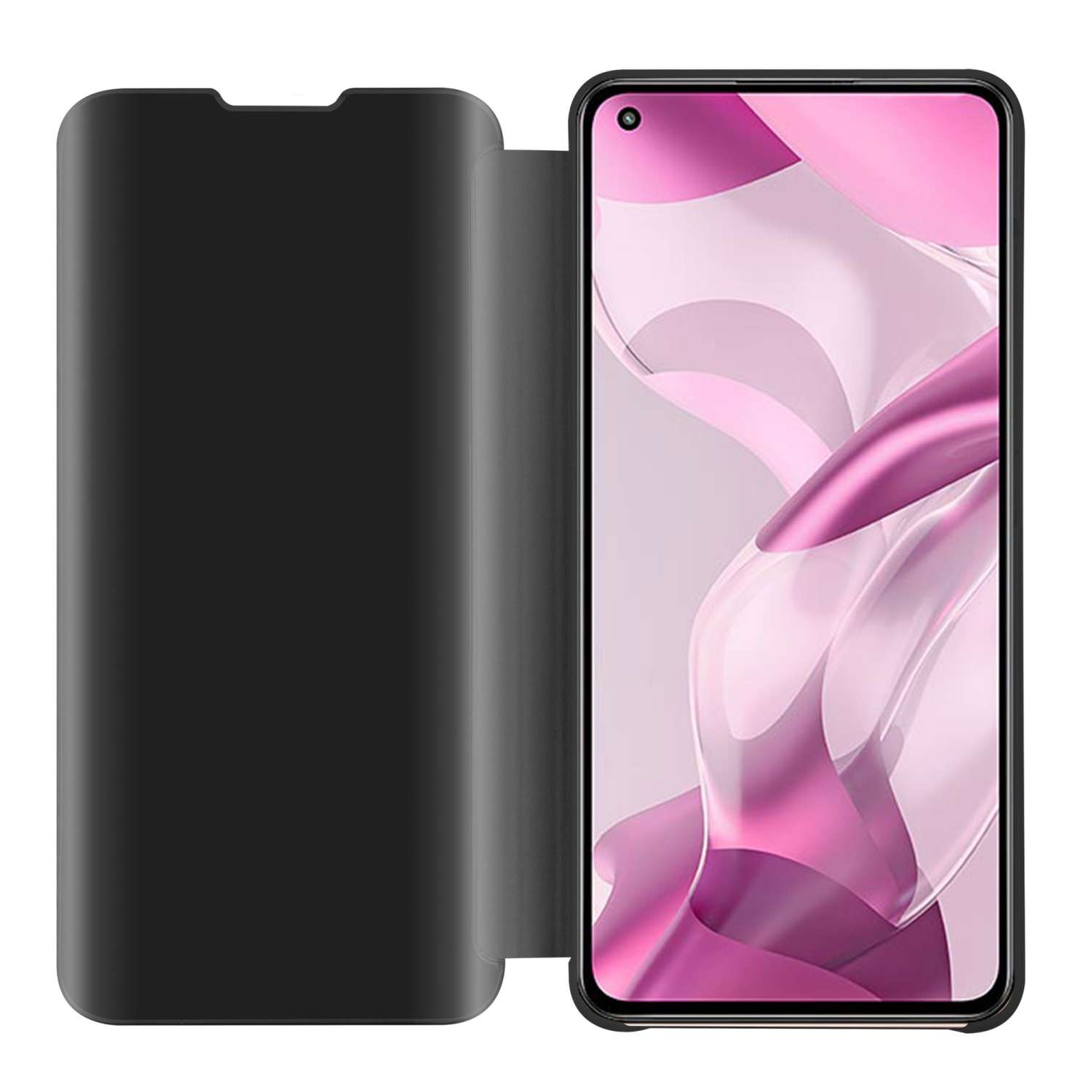 Custodia nera per telefono con coperchio chiuso. Lo schermo del telefono è visibile.