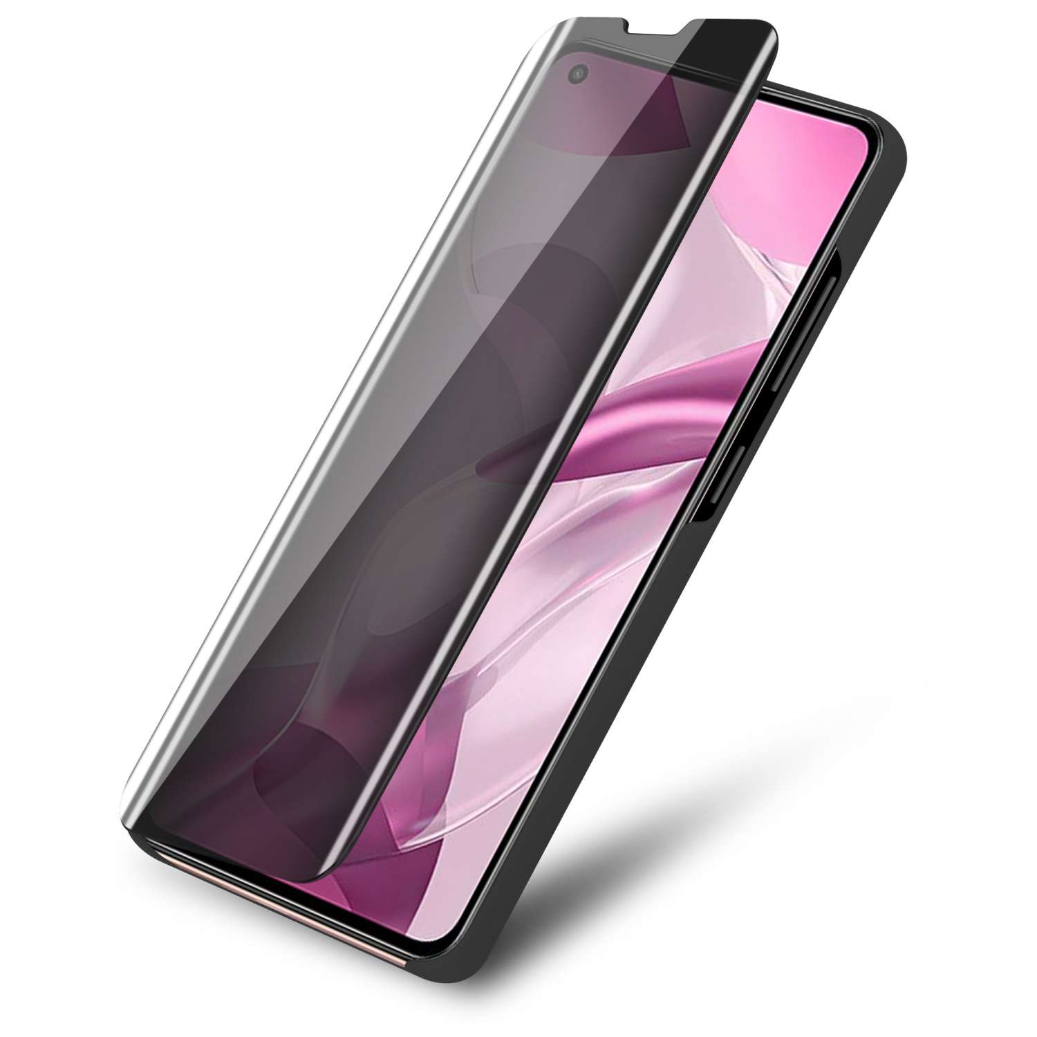 Telefono con protezione schermo, con uno sfondo rosa visibile.