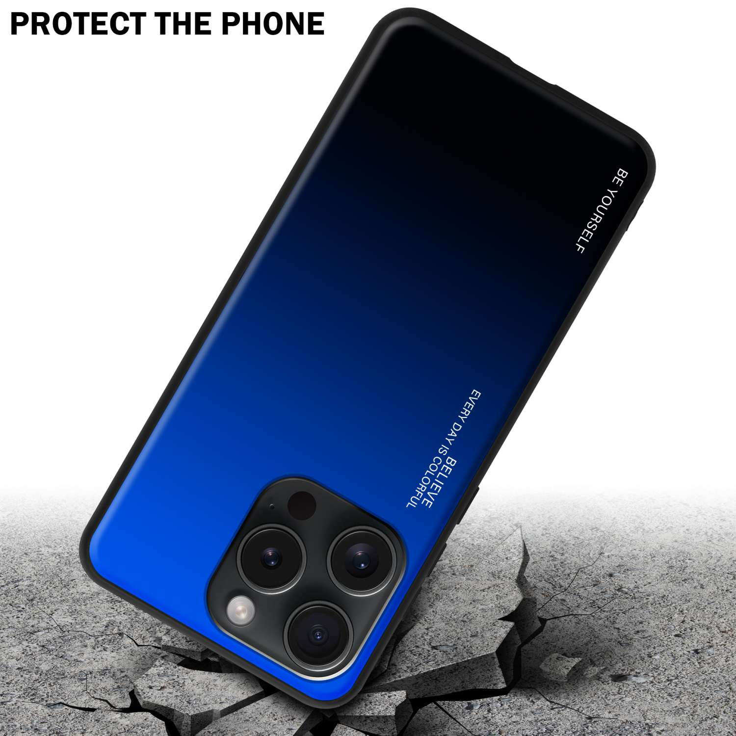 Blauer Farbverlauf Handyhülle auf rissiger Oberfläche. Text: Schütze das Telefon. Sei du selbst. Jeder Tag ist farbenfroh.