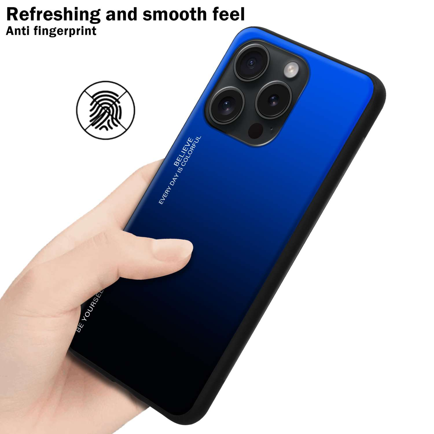 Hand hält ein Telefon mit blauem und schwarzem Farbverlauf auf der Rückseite. Text: Erfrischend, Anti-Fingerabdruck.