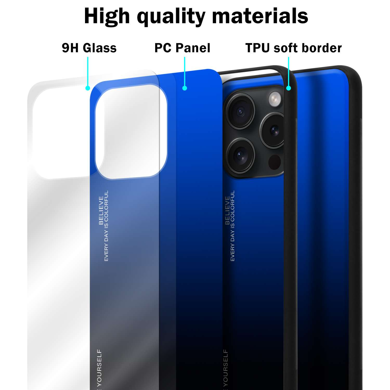 TPU - Apple, Glas, Hülle SCHWARZ Backcover, iPhone aus 2 BLAU Farben 15 CADORABO Silikon MAX, PRO