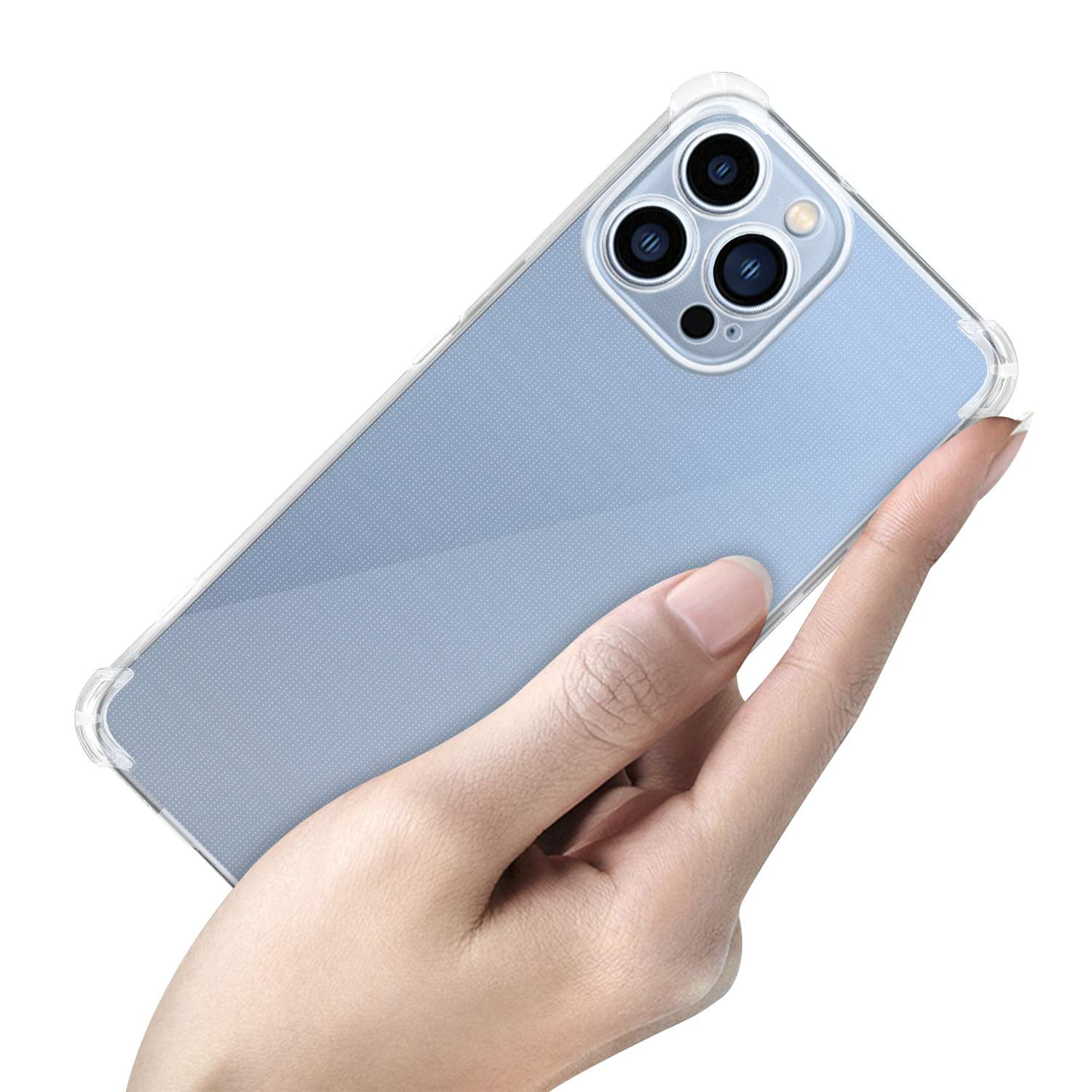 Hand hält eine transparente Handyhülle. Telefon ist hellblau. Hülle hat klare Kanten.