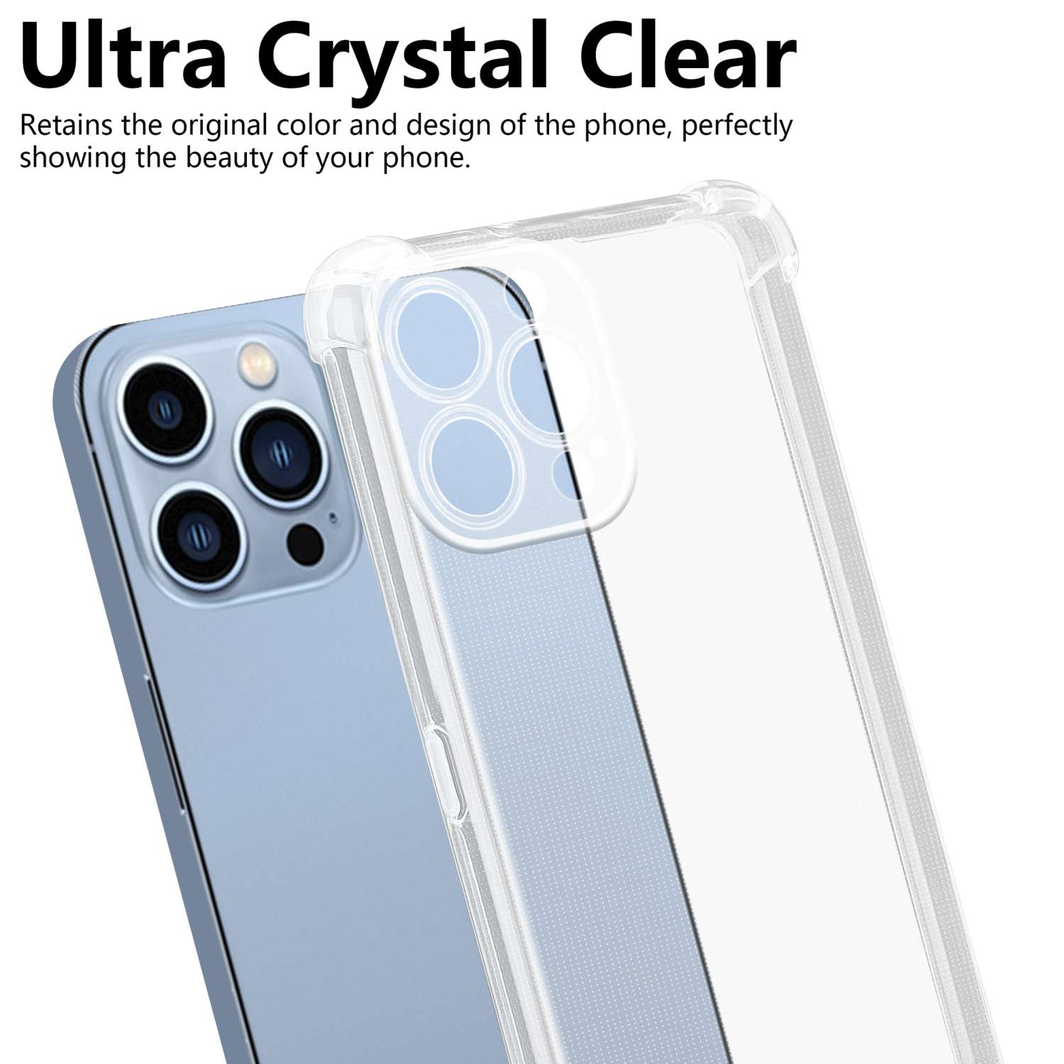 Transparente Handyhülle über einem Telefon. Text: Ultra Crystal Clear, behält die Farbe.