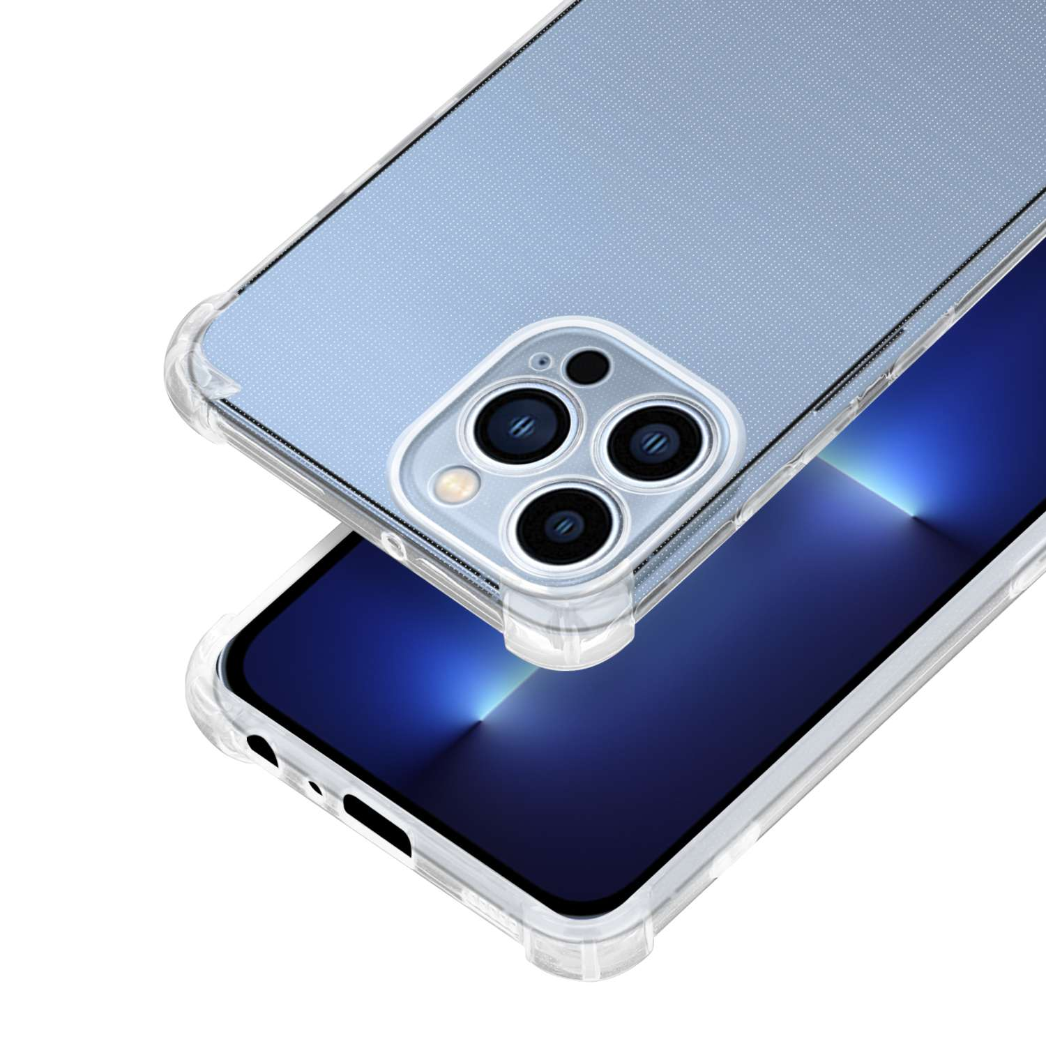 Transparente Handyhülle auf Telefon mit drei Kameras.