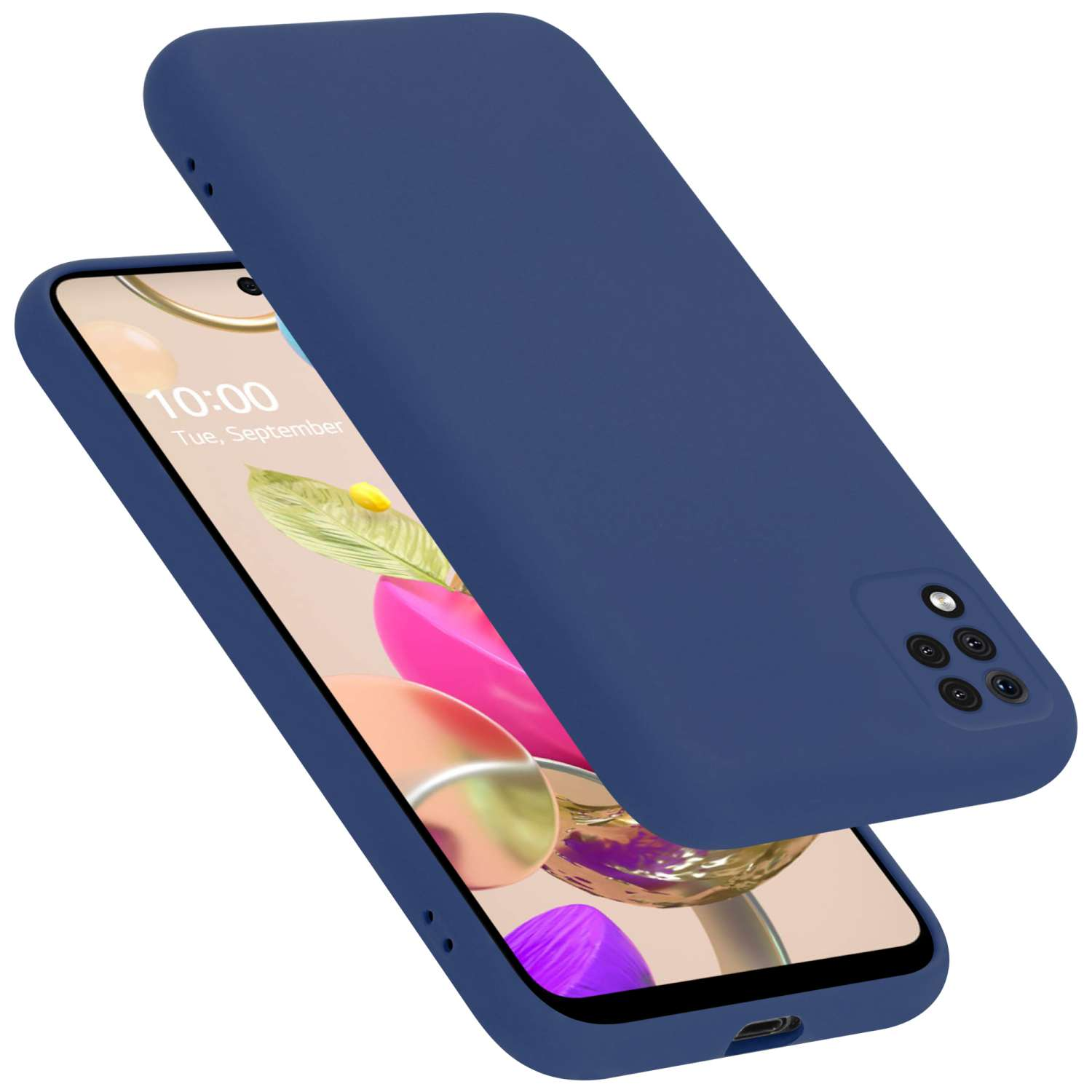 Eine blaue Handyhülle und ein Telefon befinden sich auf einer weißen Oberfläche. Das Telefon zeigt die Uhrzeit an.