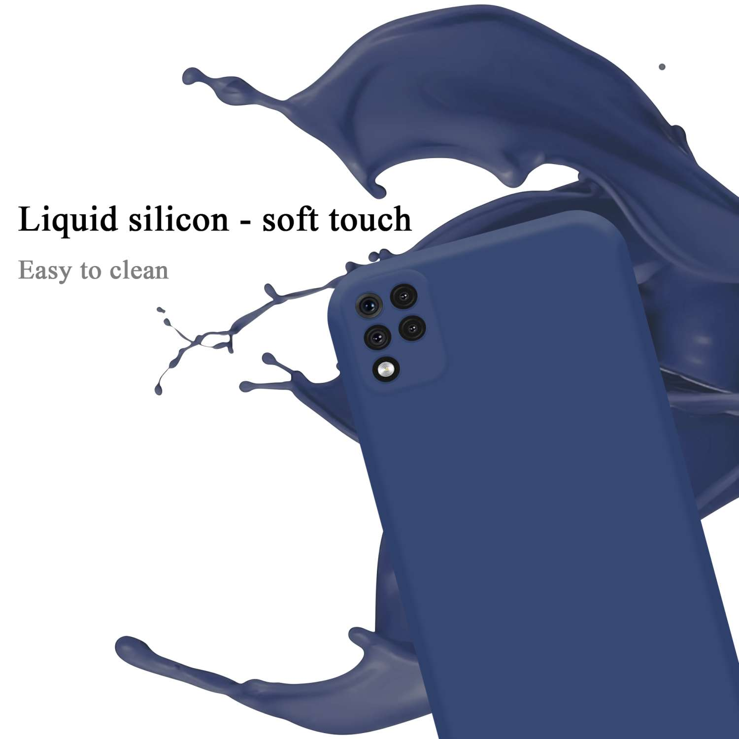 Blaue Handyhülle mit Silikonspritzer und Telefonumriss. Weißer Hintergrund.