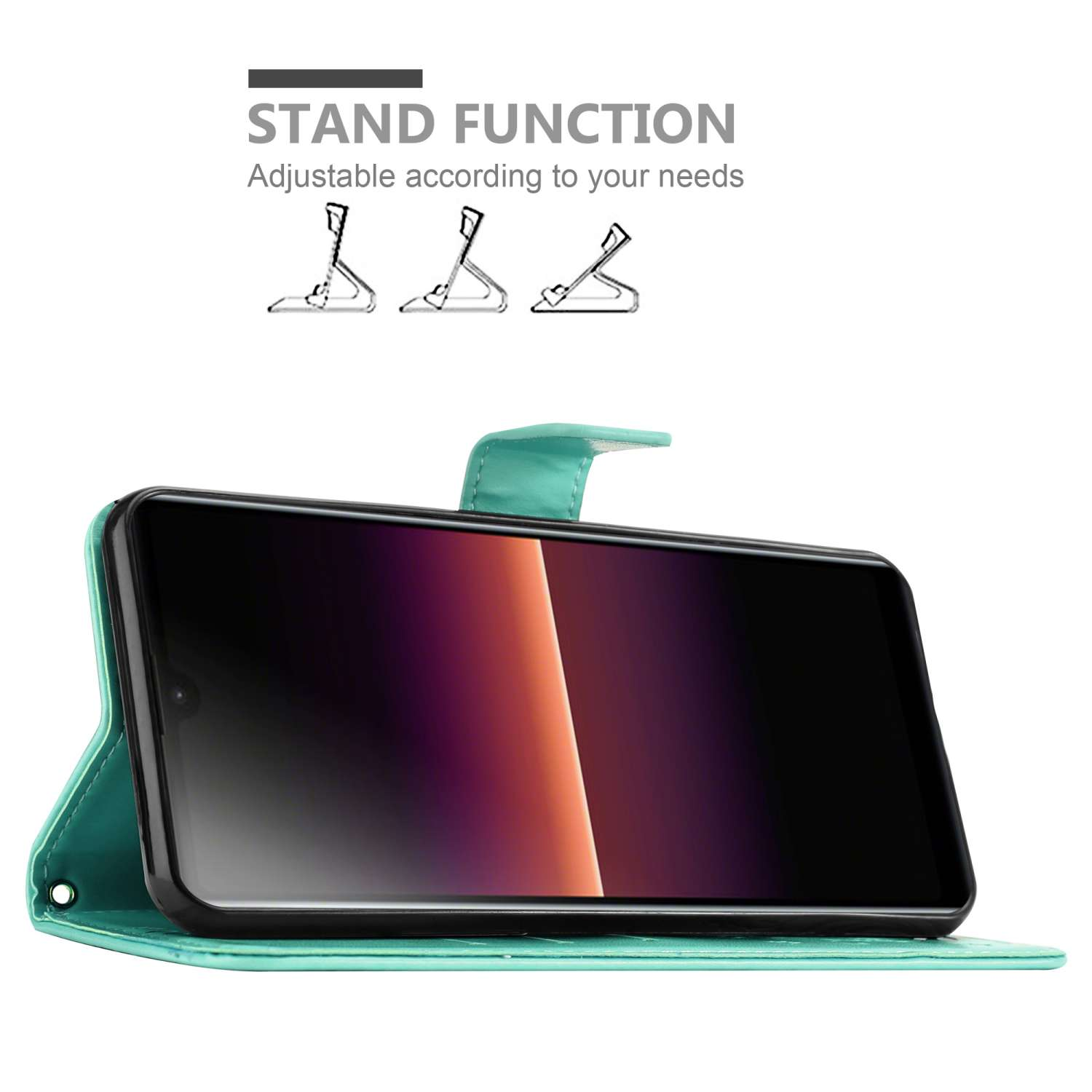 Custodia verde acqua con un telefono all'interno, puntellata per la funzione stand.