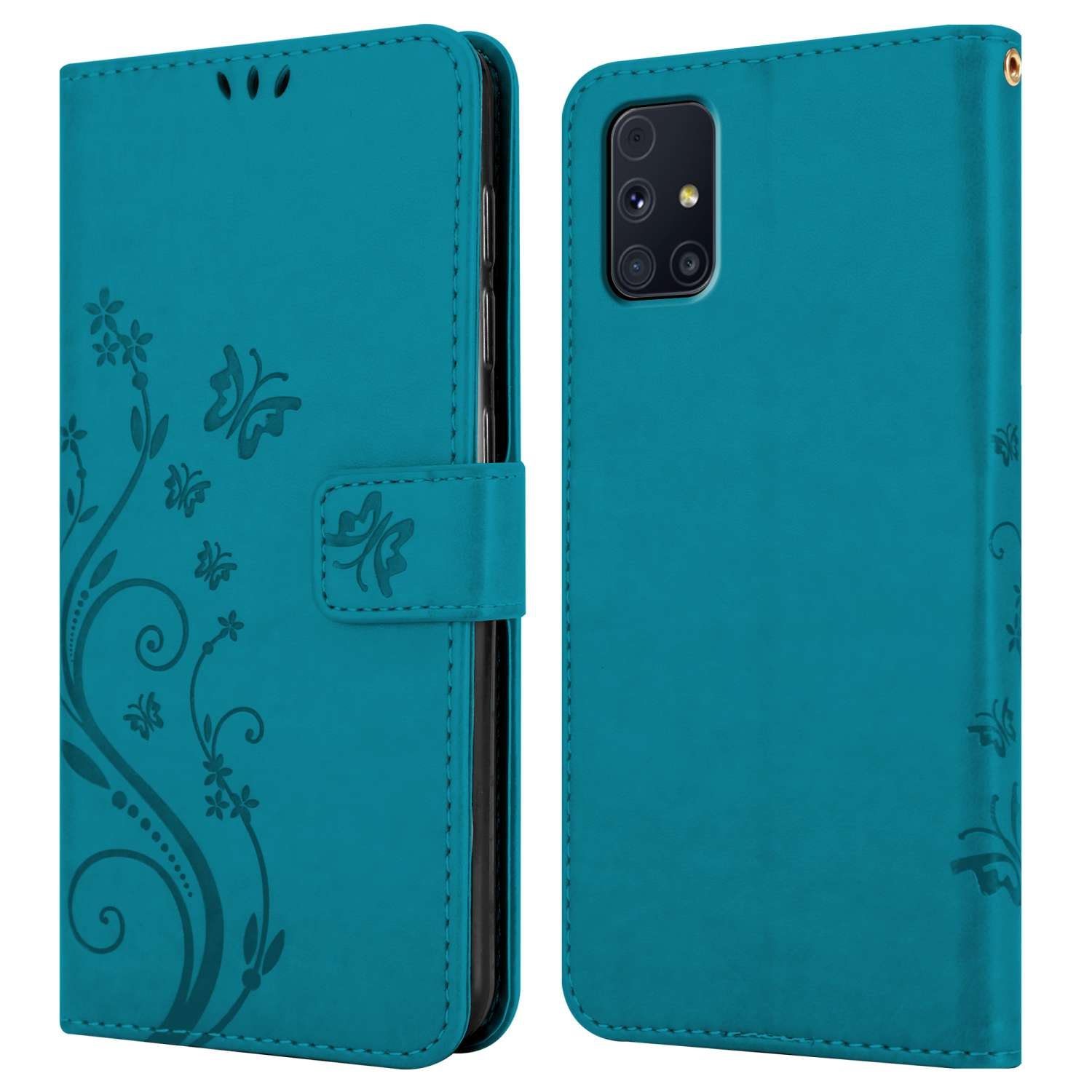 Portafoglio per telefono verde acqua aperto, con un telefono sul lato destro. Fiori e farfalle a sinistra.