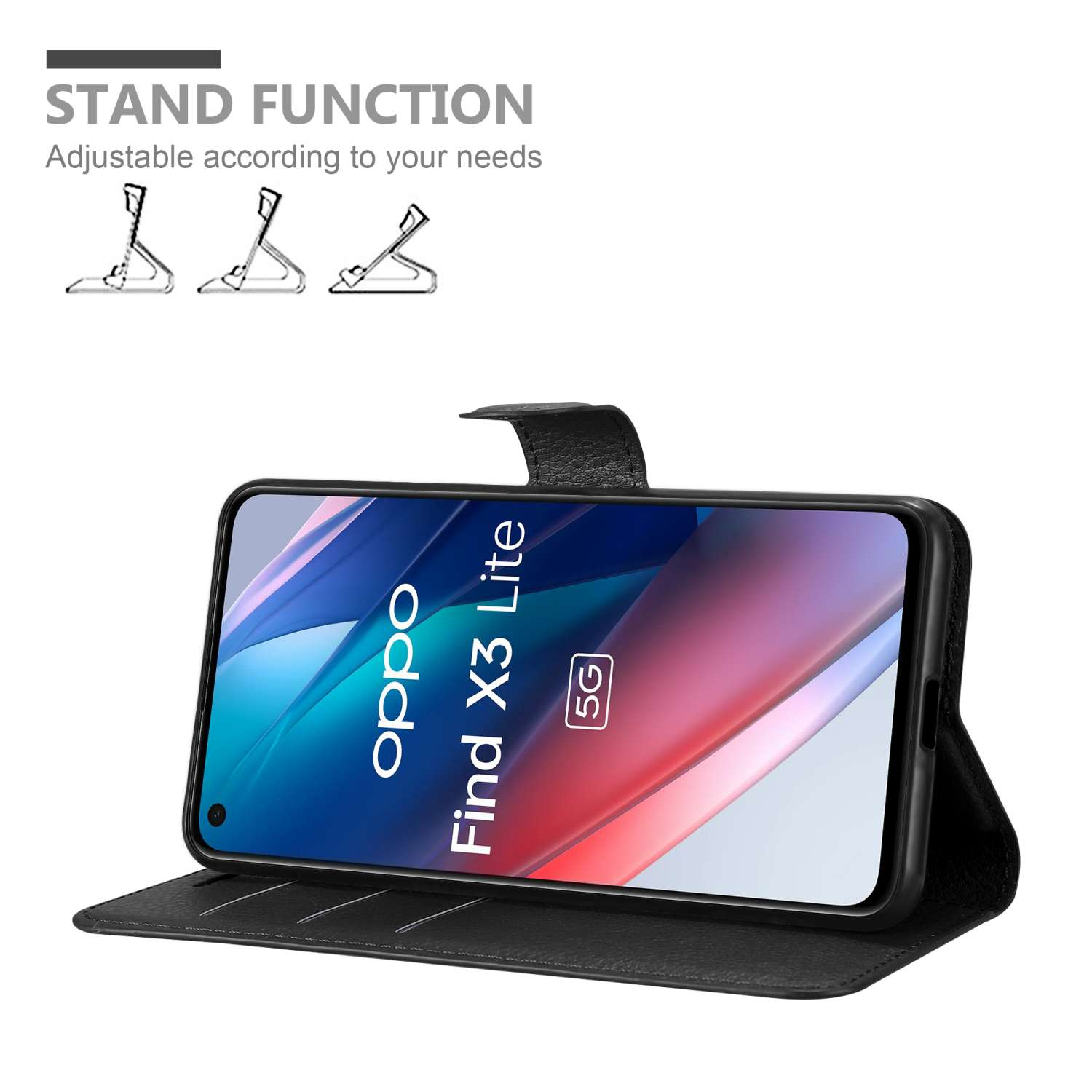 Custodia nera per telefono con telefono dentro, funzione stand mostrata, sfondo bianco.