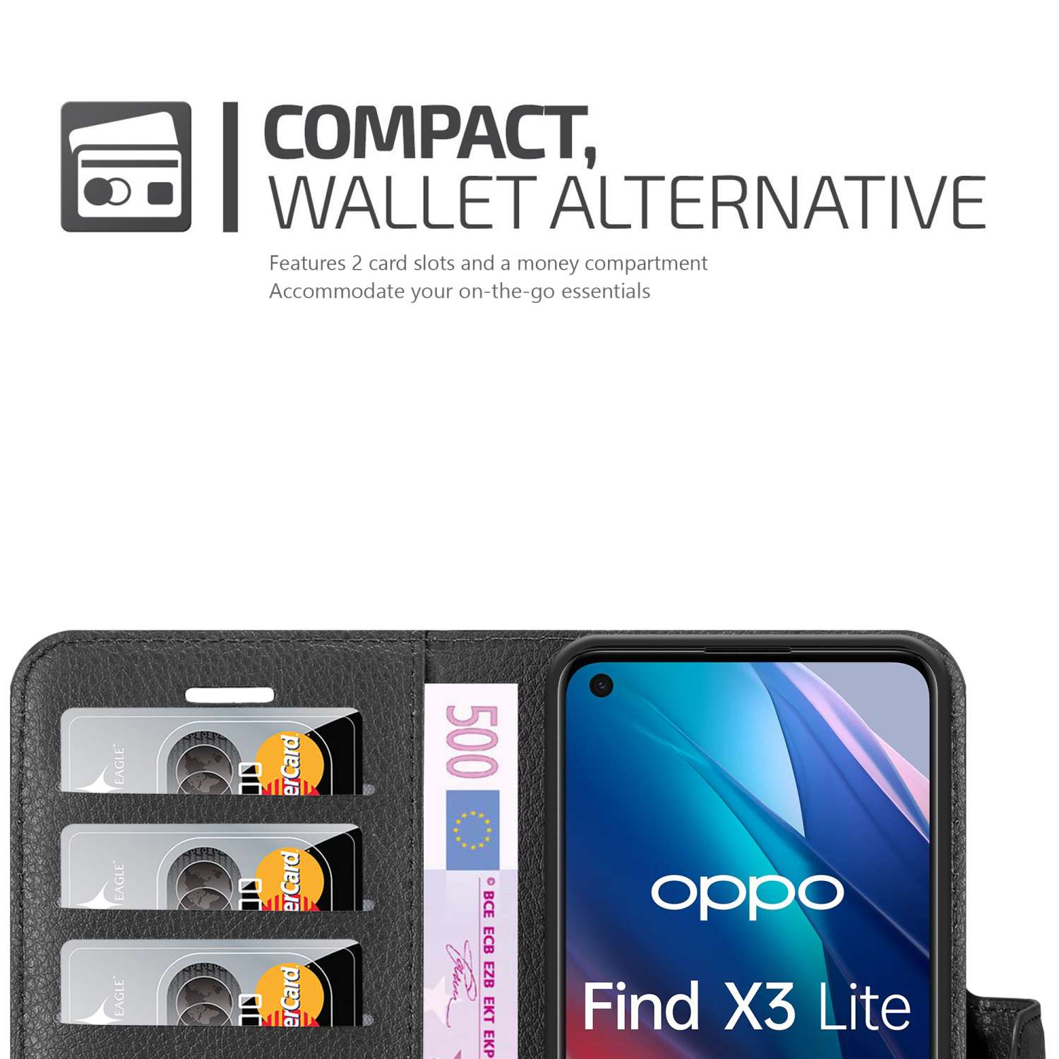 Custodia a portafoglio nera aperta, mostra tre carte di credito e banconota da 500 euro. Oppo Find X3 Lite visibile.