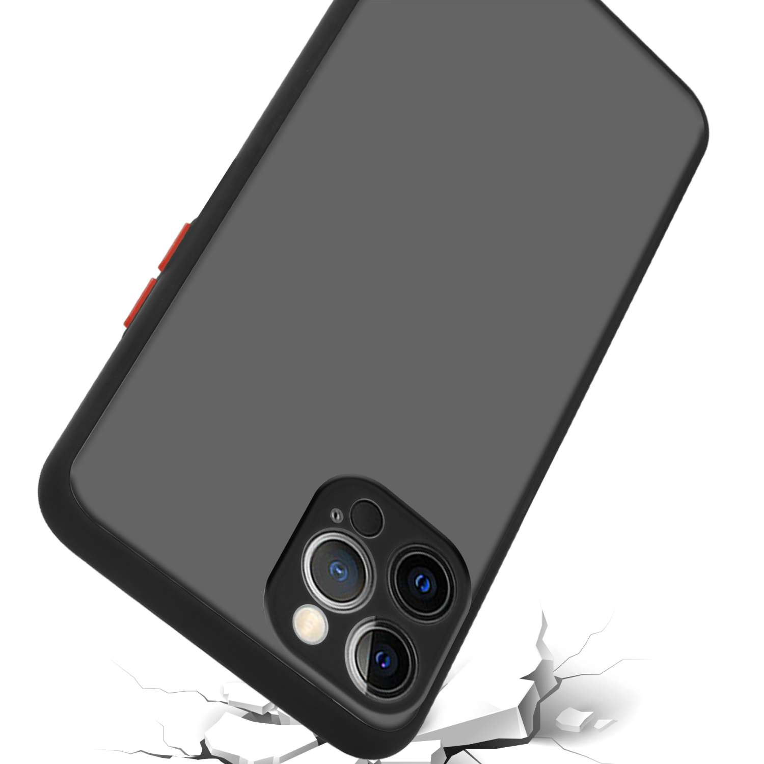 Custodia con telefono che cade, rompendo il terreno. Custodia grigia con ritagli per fotocamera.