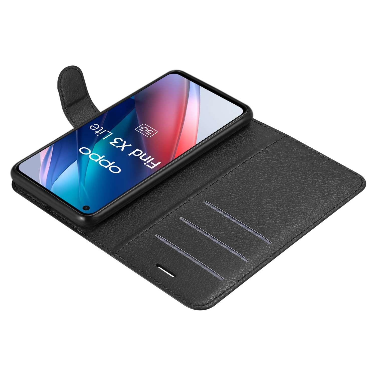 Un telefono Oppo Find X3 Lite nero in una custodia nera aperta. Il telefono mostra uno schermo colorato.