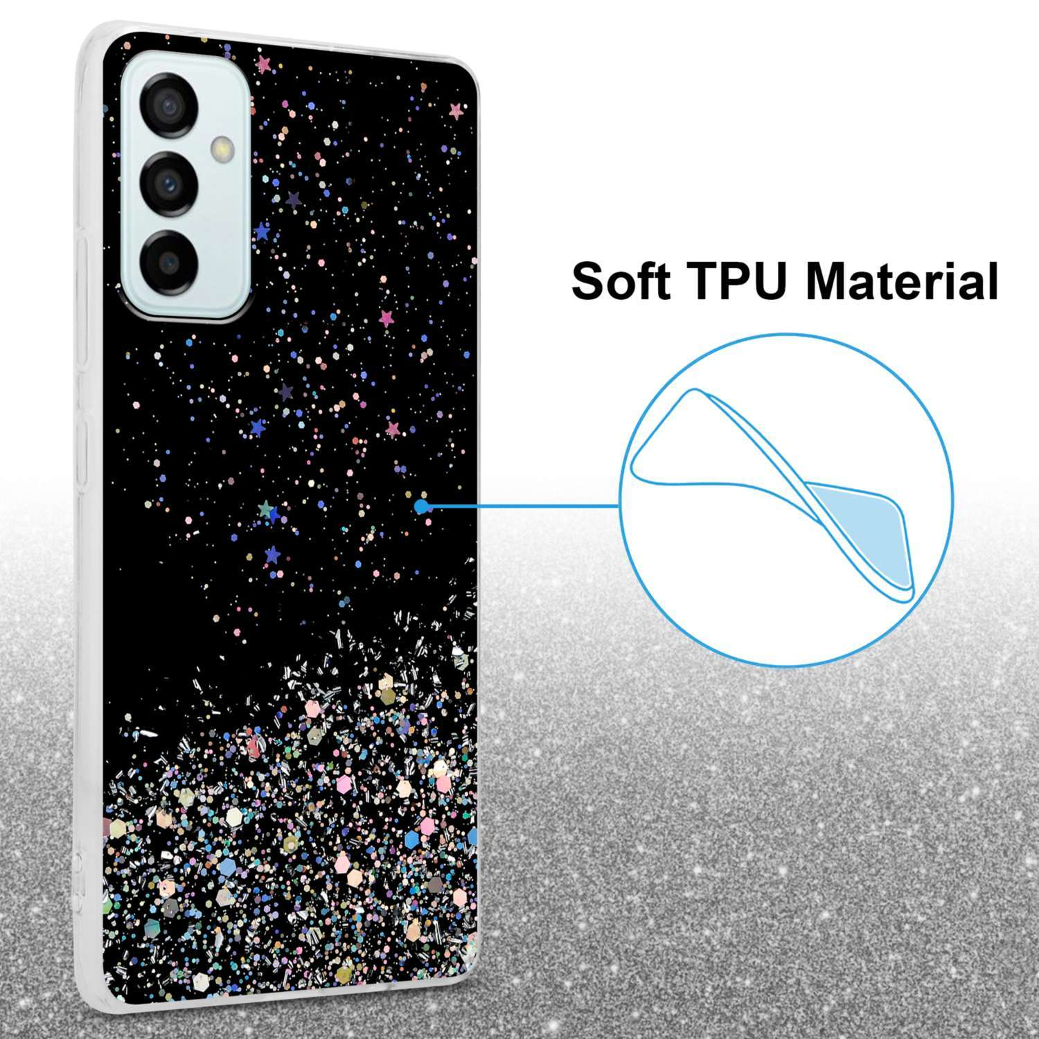 CADORABO Schutzhülle mit funkelnden Glitter, Galaxy Samsung, Schwarz mit Glitter 5G, M23 Backcover