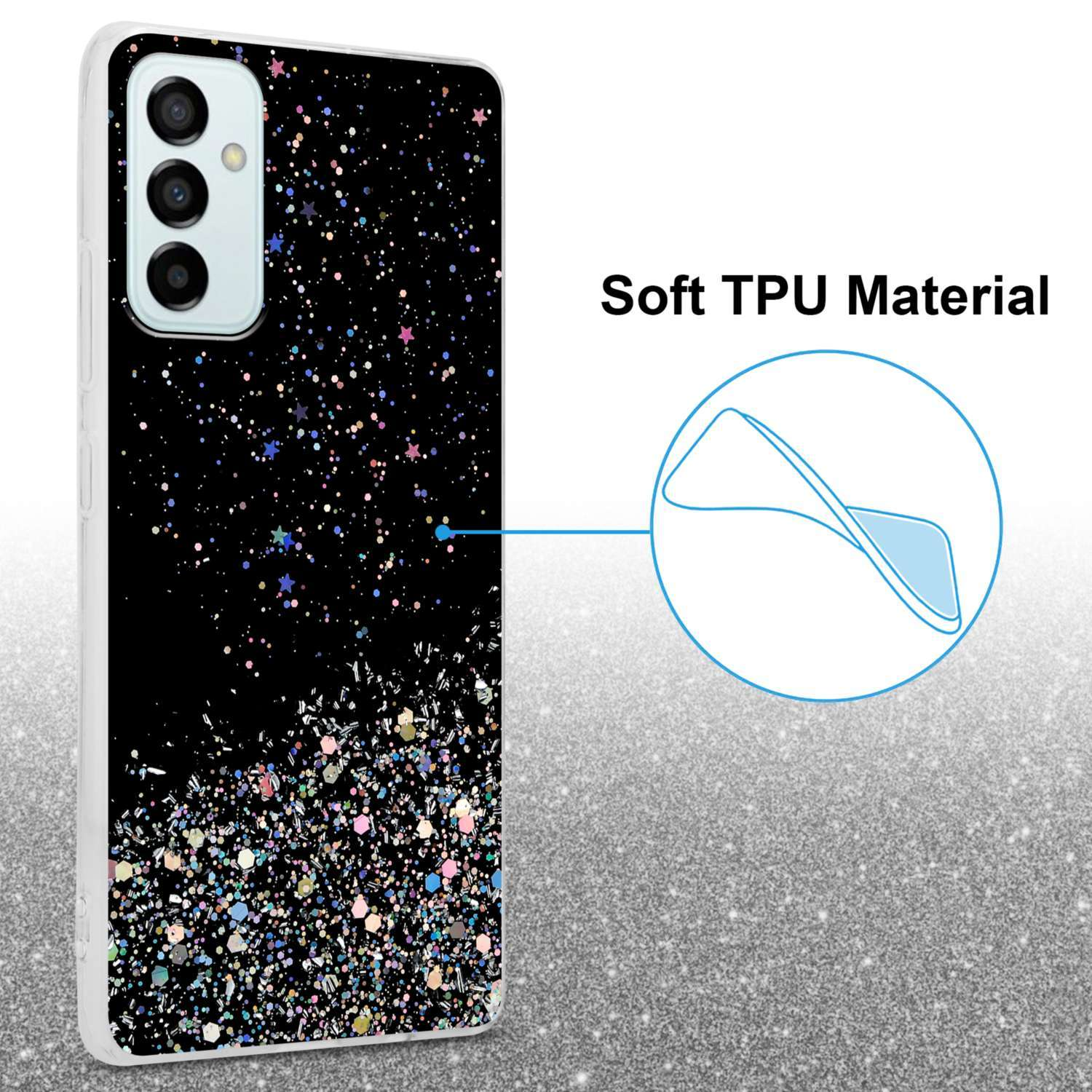 Custodia nera con design glitterato, tenuta in mano. Viene evidenziato il materiale TPU morbido.