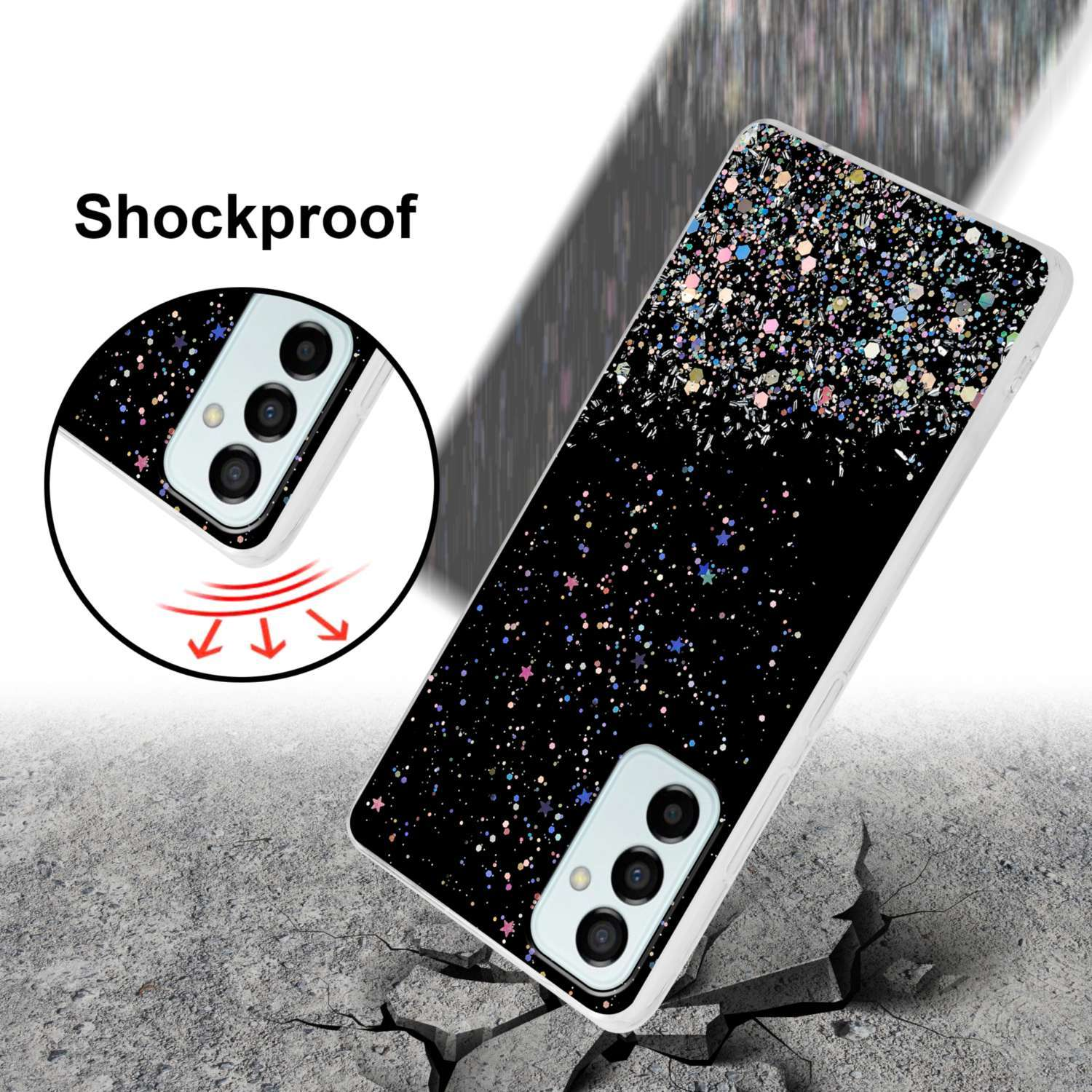 CADORABO Schutzhülle mit funkelnden Glitter, Samsung, Schwarz mit Galaxy 5G, Glitter Backcover, M23