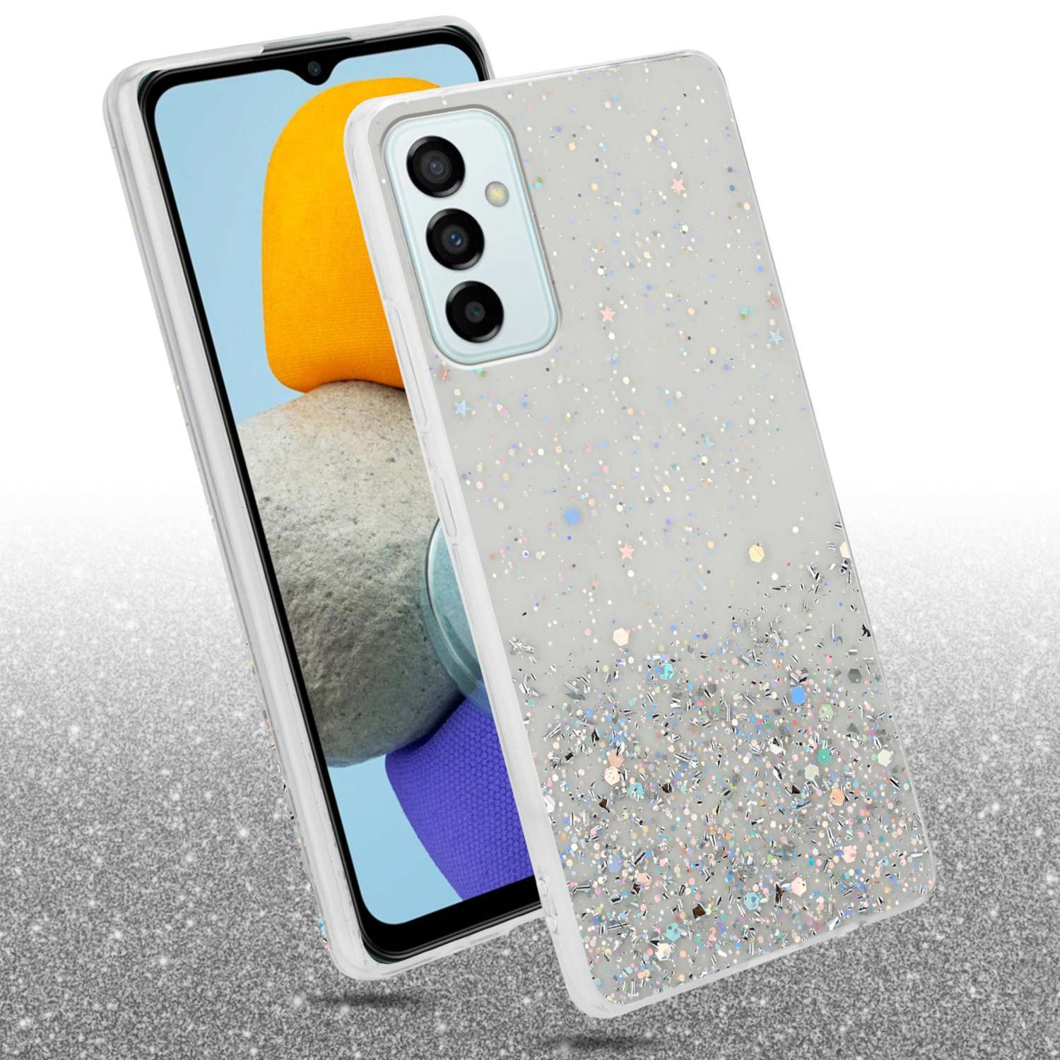 Una custodia per telefono con glitter è su un telefono. La custodia è trasparente con glitter e stelle.