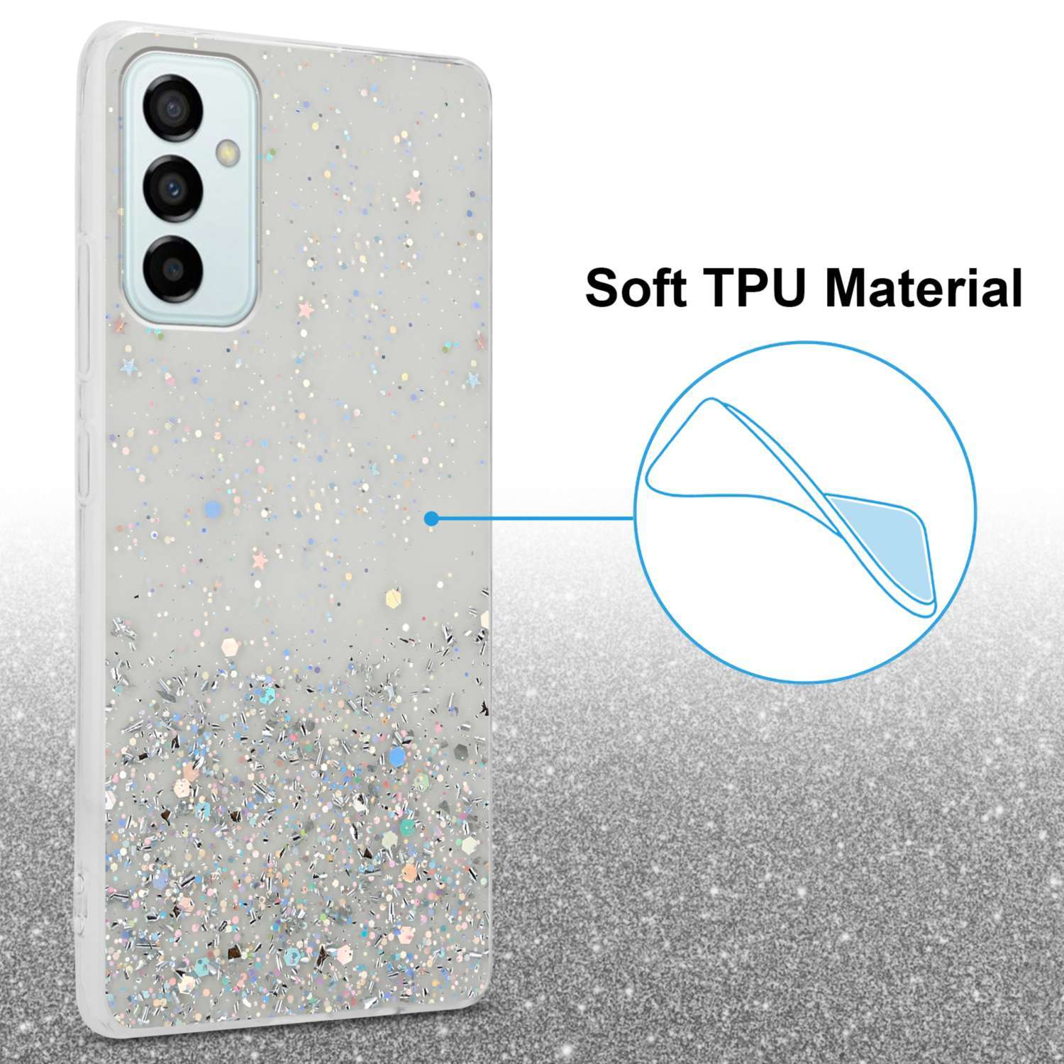 Custodia trasparente per telefono con glitter. Primo piano di un telefono. Testo: Materiale TPU morbido.