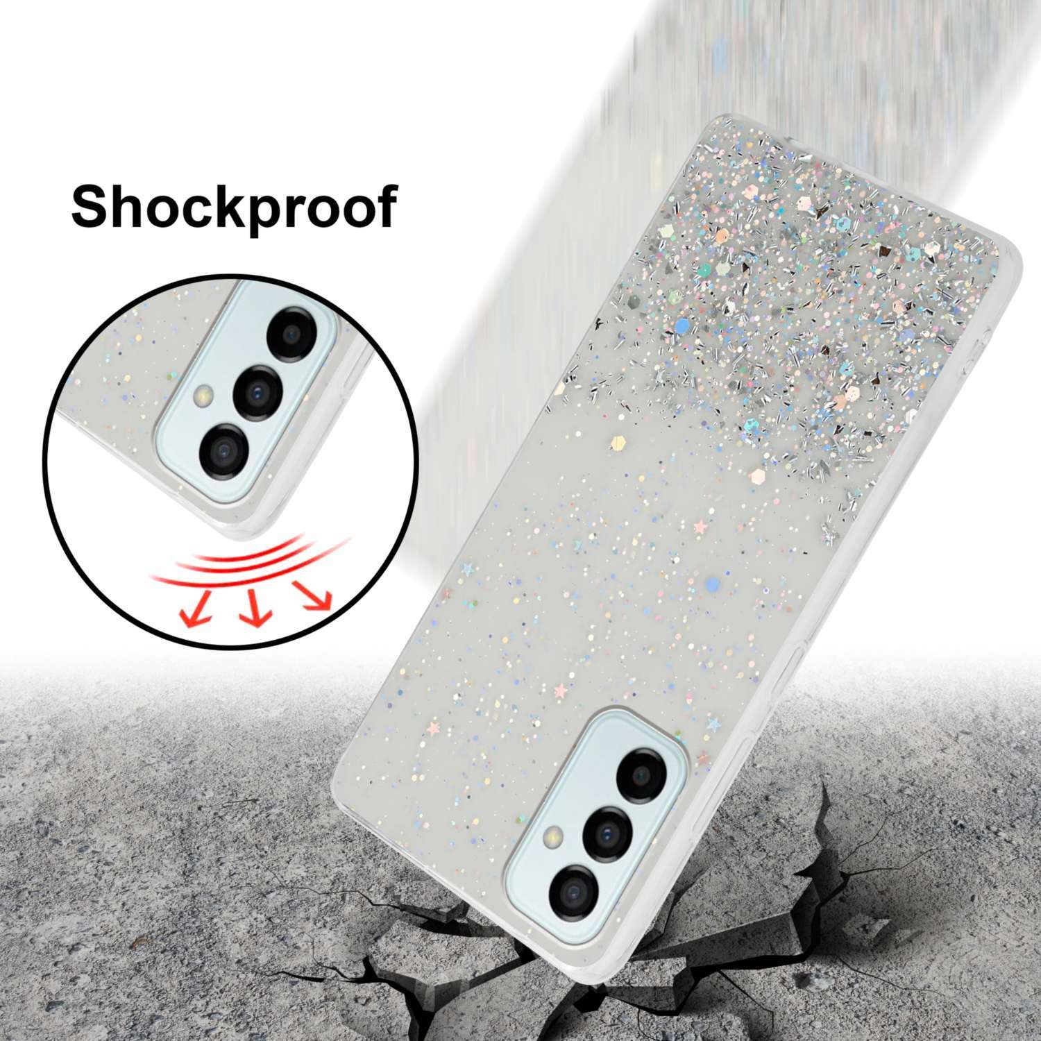 Una custodia per telefono con glitter, posizionata come se fosse caduta, con terreno incrinato e un'etichetta antiurto.