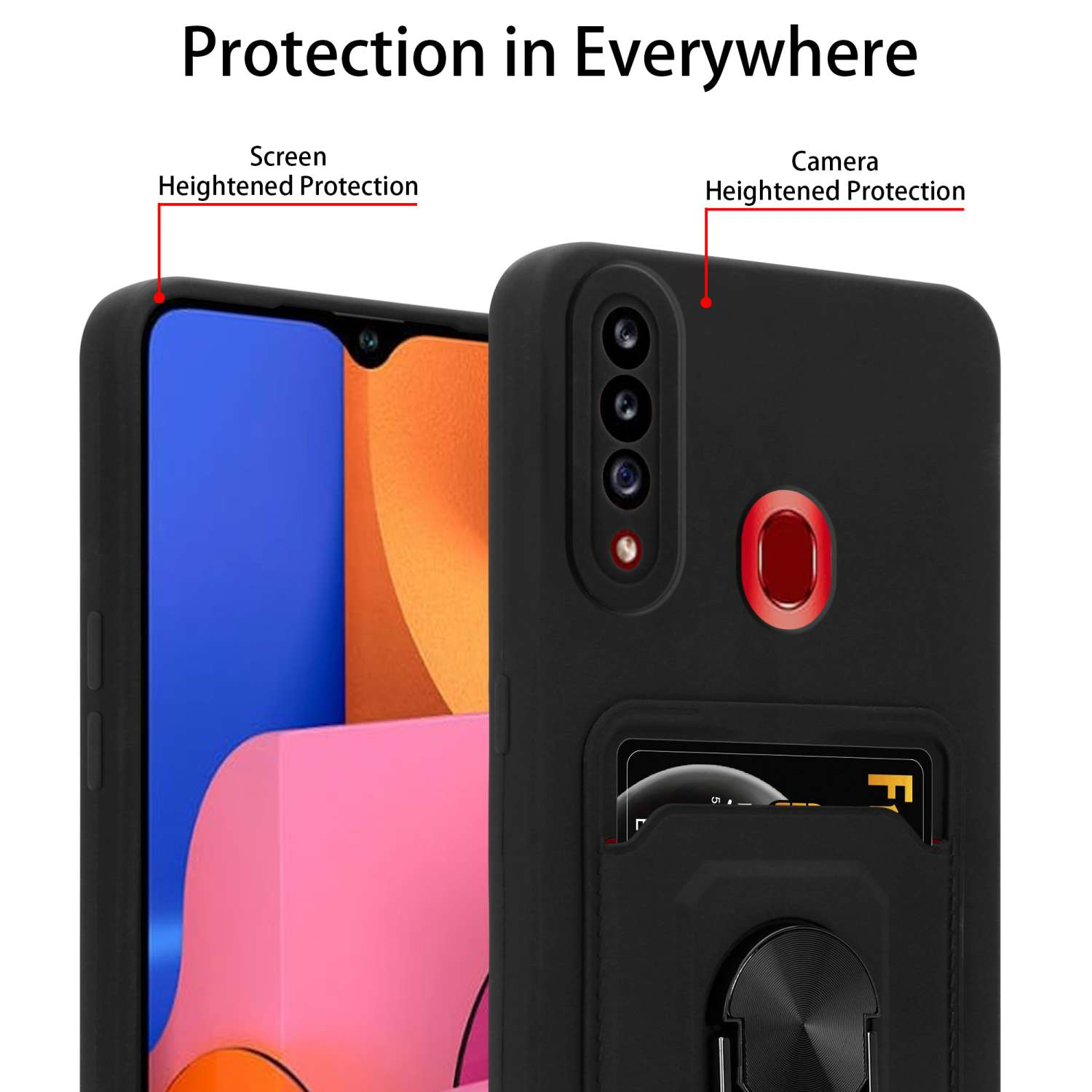 Eine schwarze Handyhülle mit Ringhalter und Kartenfach. Oben steht 'Protection in Everywhere'.