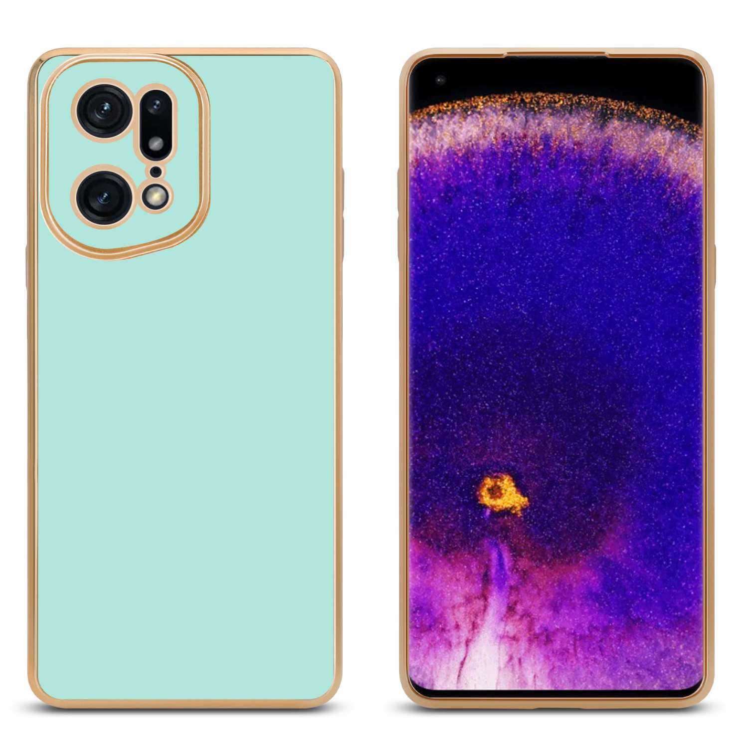 Due custodie per telefono. Una è azzurra, l'altra verde menta. Entrambe hanno una cornice dorata e sono su bianco.