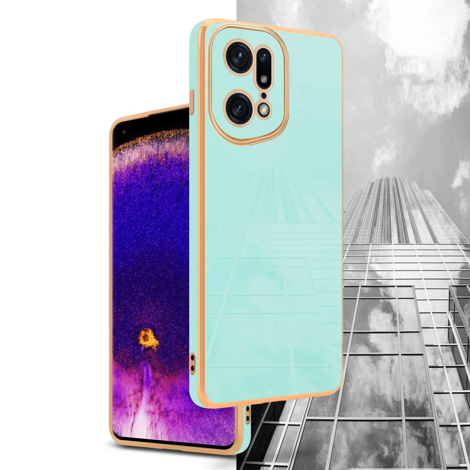Una custodia per telefono con cornice dorata e retro azzurro. Lo sfondo è uno skyline.