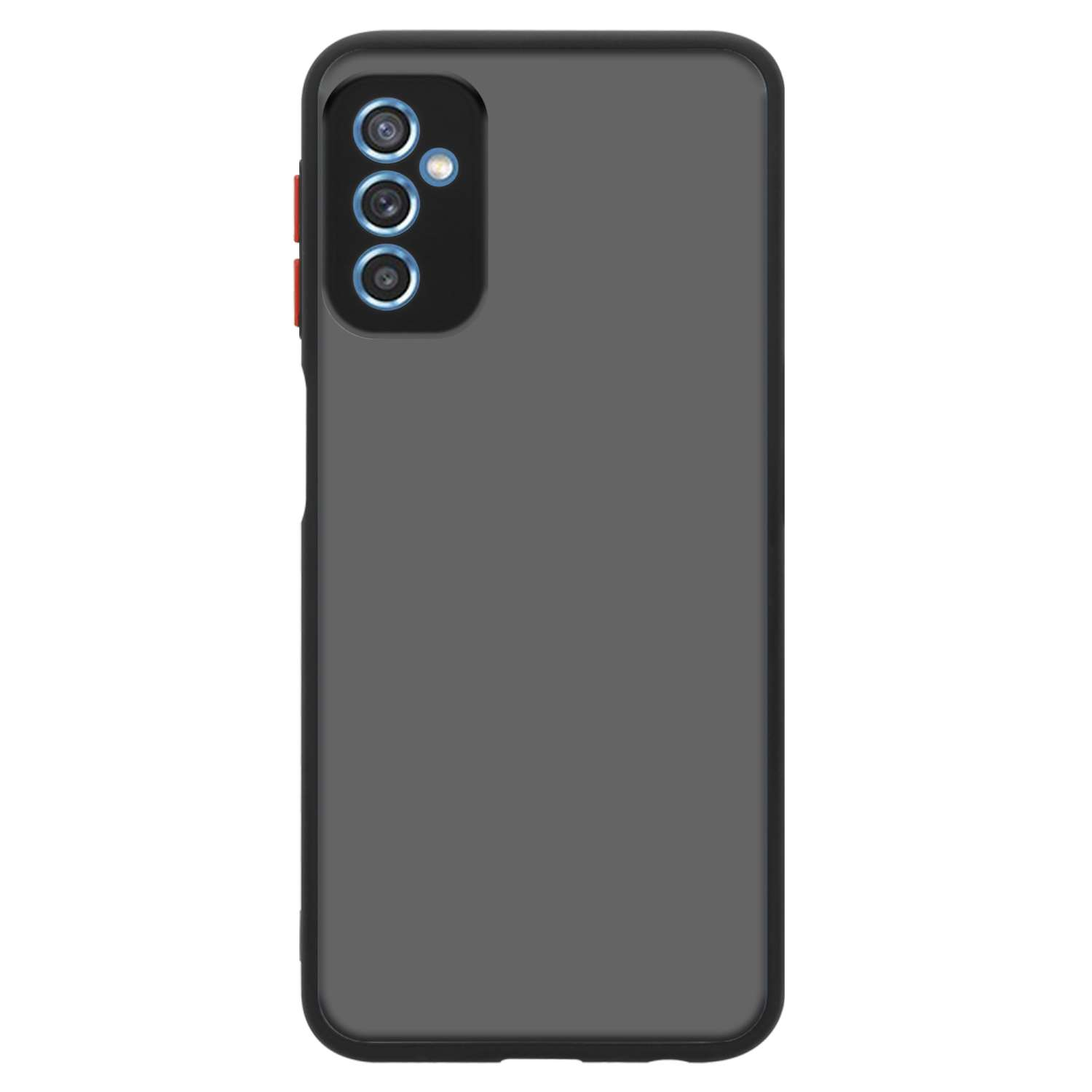 Una custodia per telefono grigio scuro con un ritaglio per la fotocamera e accenti di pulsanti rossi. Il telefono non è visibile.