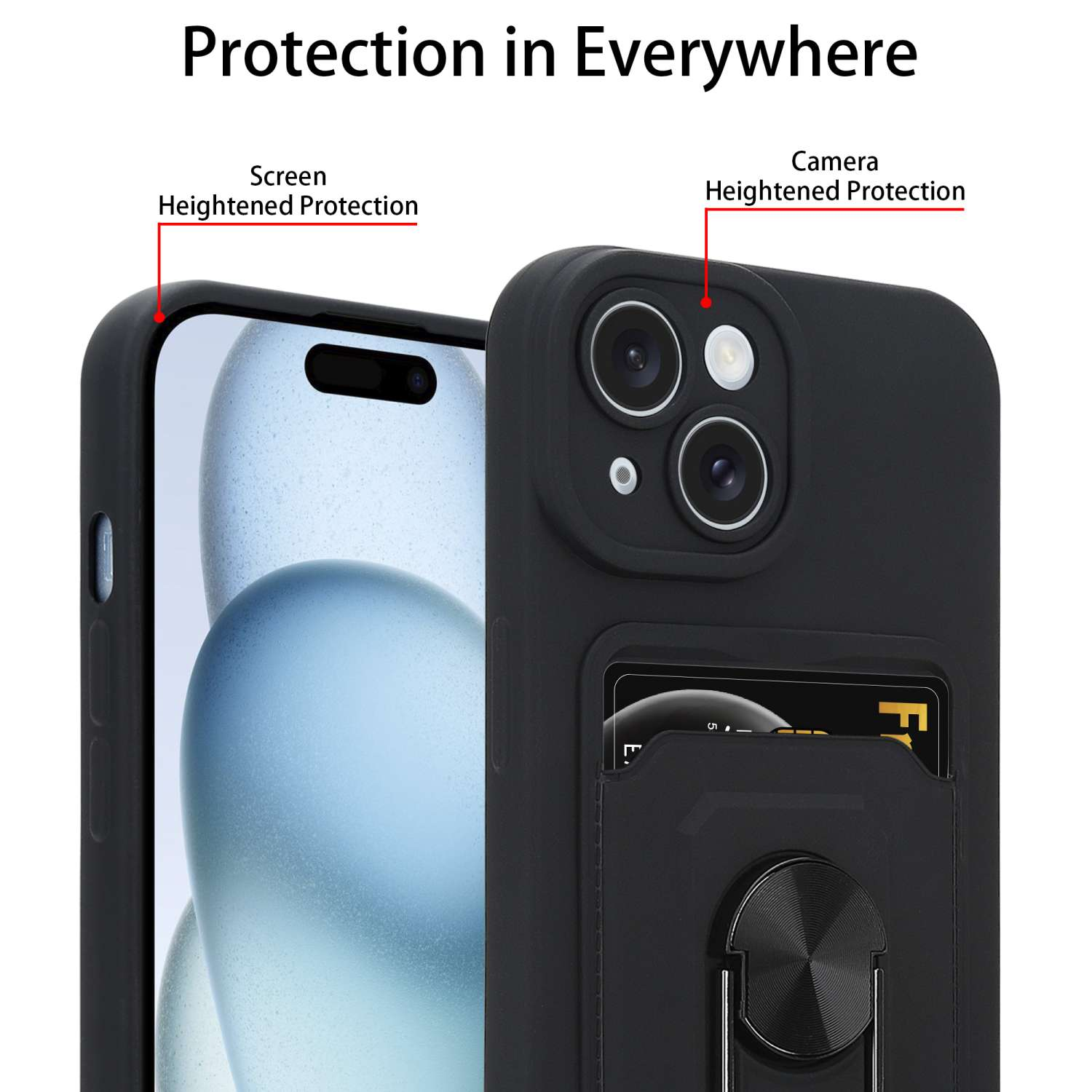 Eine schwarze Handyhülle schützt ein Telefon mit erhöhtem Schutz für Bildschirm und Kamera.