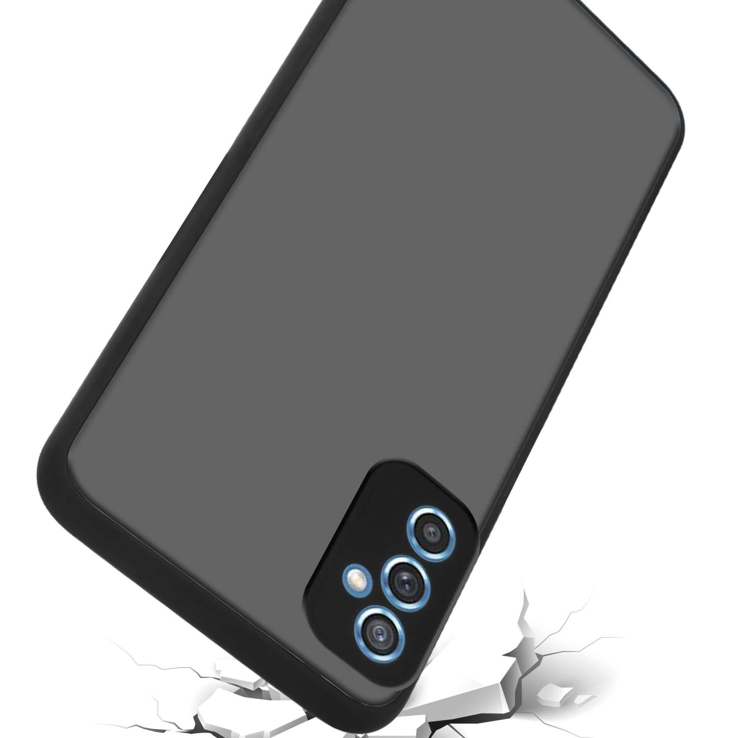 Custodia per telefono grigio scuro, cornice nera, tre ritagli per fotocamera, posizionata su crepe. La custodia sembra robusta.