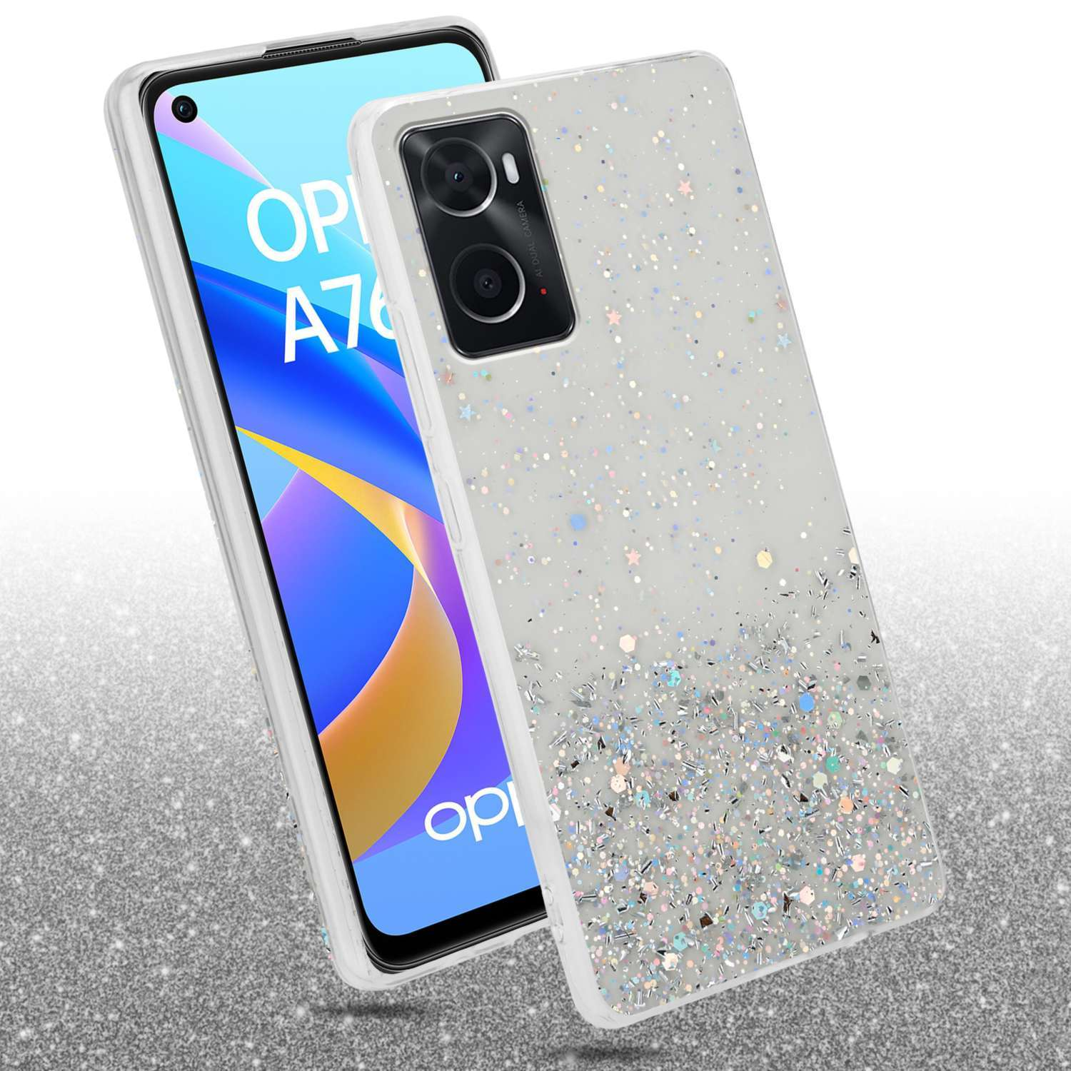 Smartphone con custodia glitterata, che mostra il telefono e la custodia con glitter.