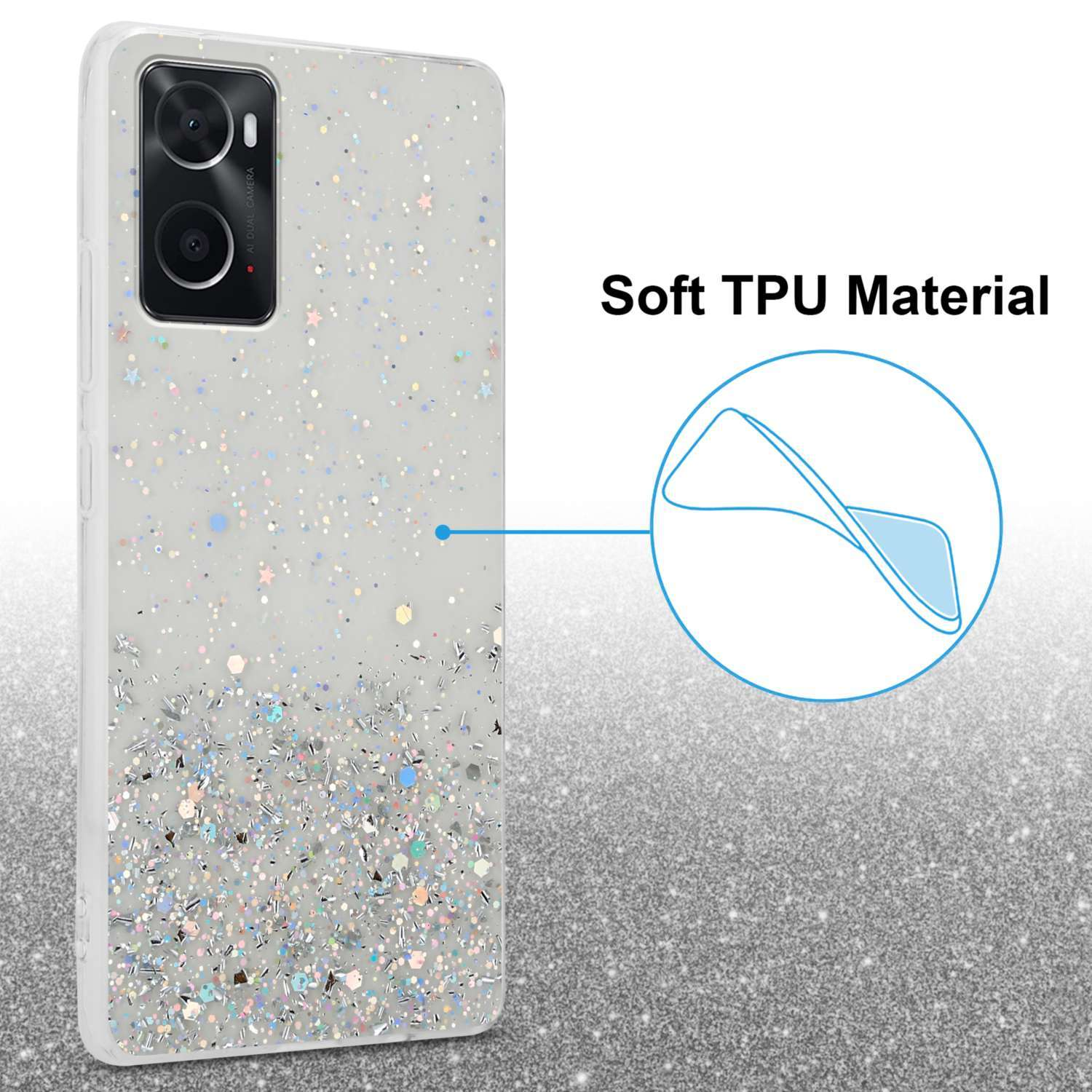 Custodia per telefono con glitter. Fotocamera visibile.