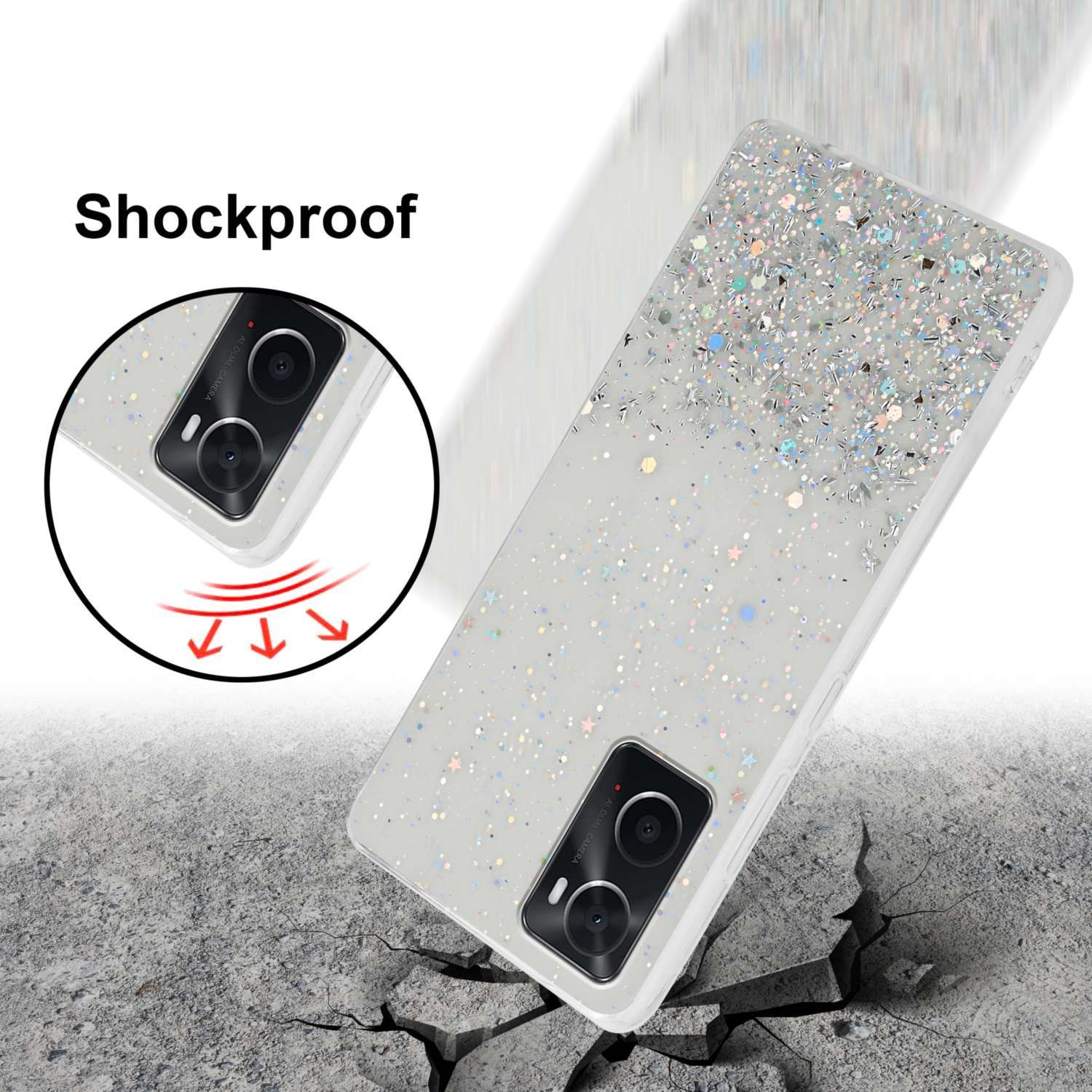 Custodia per telefono con glitter, telefono a sinistra, effetto crepa.