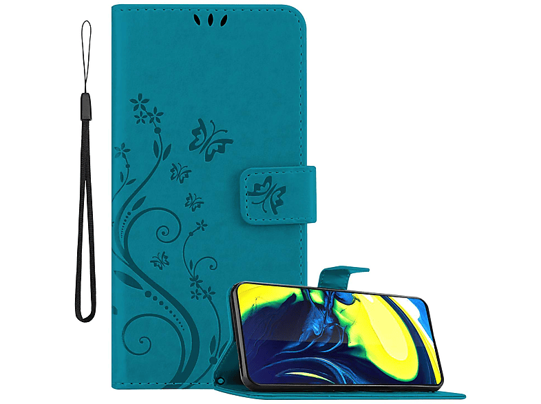 BLAU Blumen A90 Samsung, 4G, Flower A80 Hülle Case, Galaxy / Bookcover, Muster FLORAL CADORABO